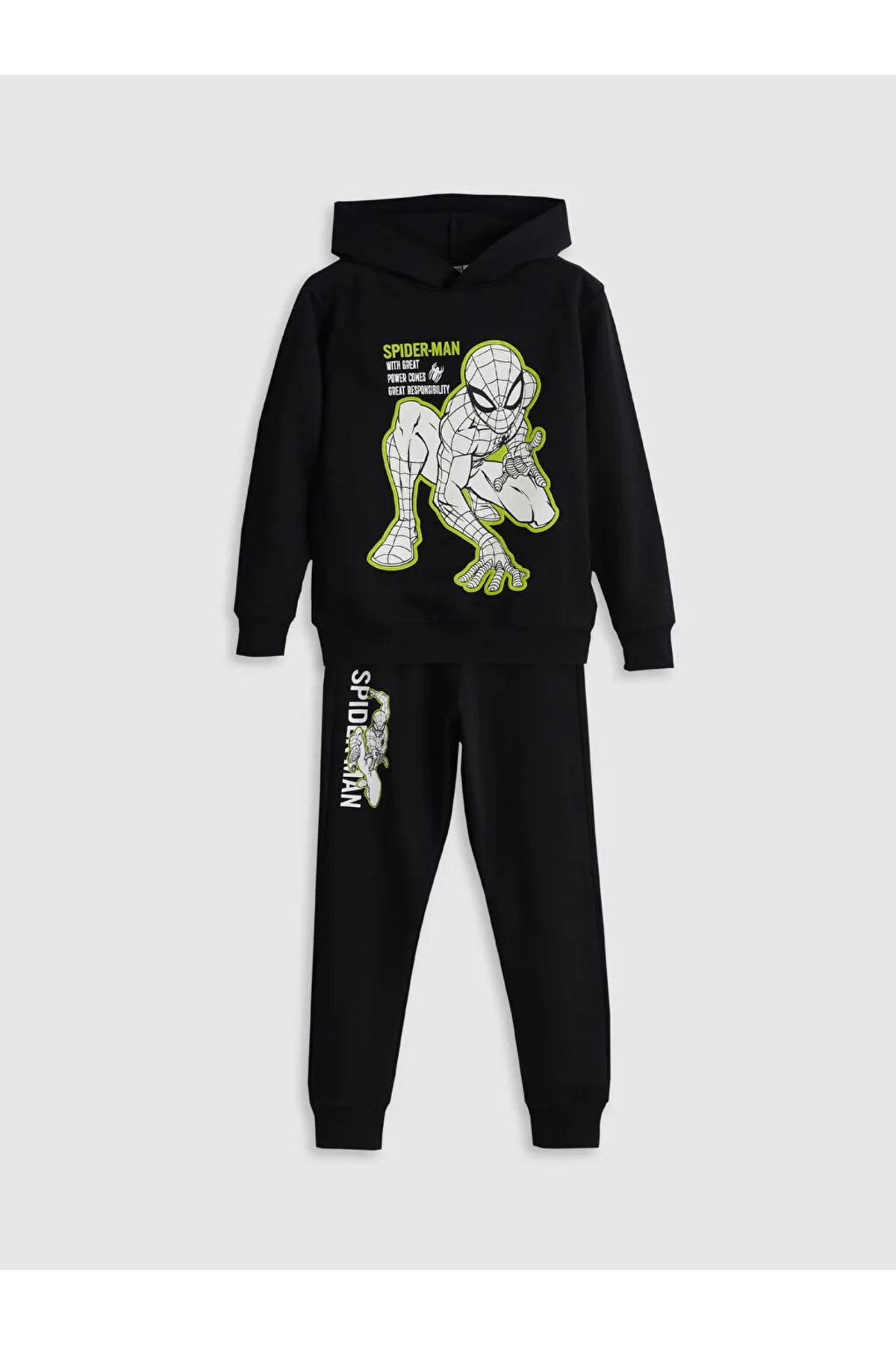 LC Waikiki-Lcw Kids Black Hooded Printed Boys Tracksuit Set 1