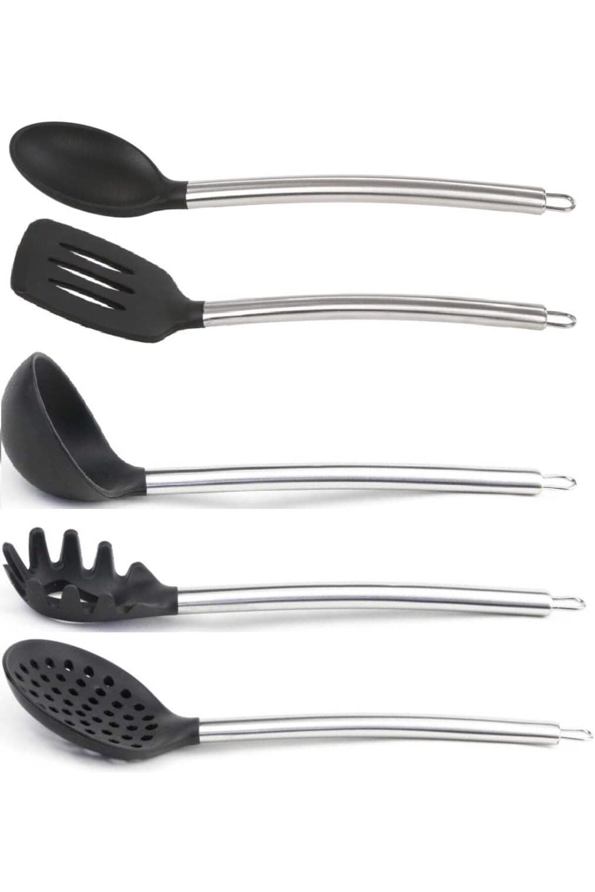 MCreative 5'li Silikon Kaşık Kepçe Seti, Silikon Kaşık, Spatula, Kepçe, Kevgir, Spagehetti Kaşığı