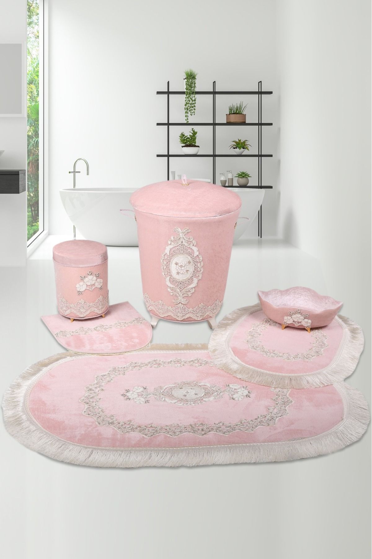 AVANTAJ Exclusive Pembe 6 Parça Çeyizlik Dantelli Banyo Seti (3'lü Banyo Paspası + 3'lü Çamaşır Sepeti)