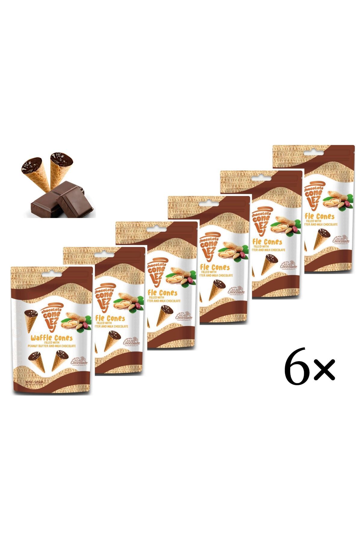 CONELEZ CHOCOLATE Yerfıstığı ve Sütlü Çikolata Dolgulu Waffle Mini Kornet 6'lı paket 70 gr