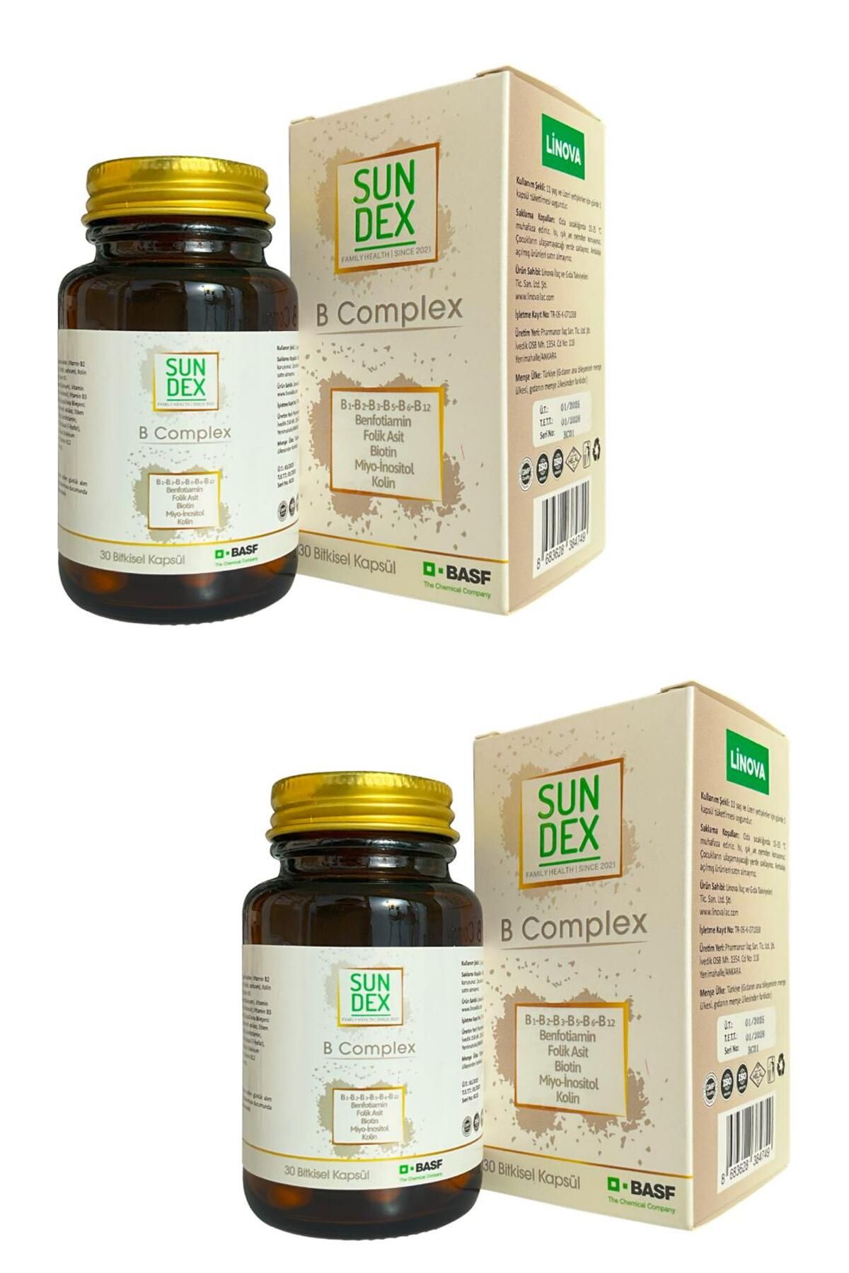 Sun Dex Family Health Since 2021 2’li Paket B Complex Benfotiamin ve Aktif Form Tüm B Vitaminleri 30 Bitkisel Kapsül