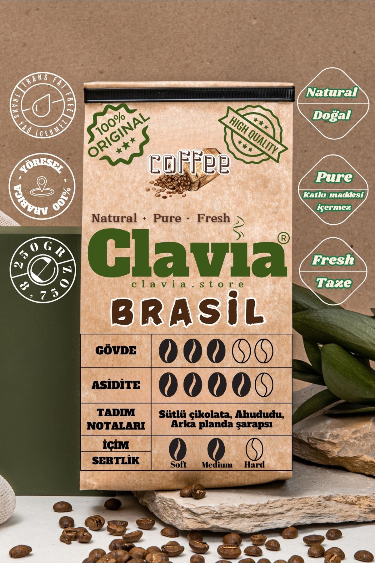 clavia Öğütülmüş veya Çekirdek Kahve, Öğütme şeklini seçebilirsiniz; Espresso, Filtre Kahve, Brasil 250gr