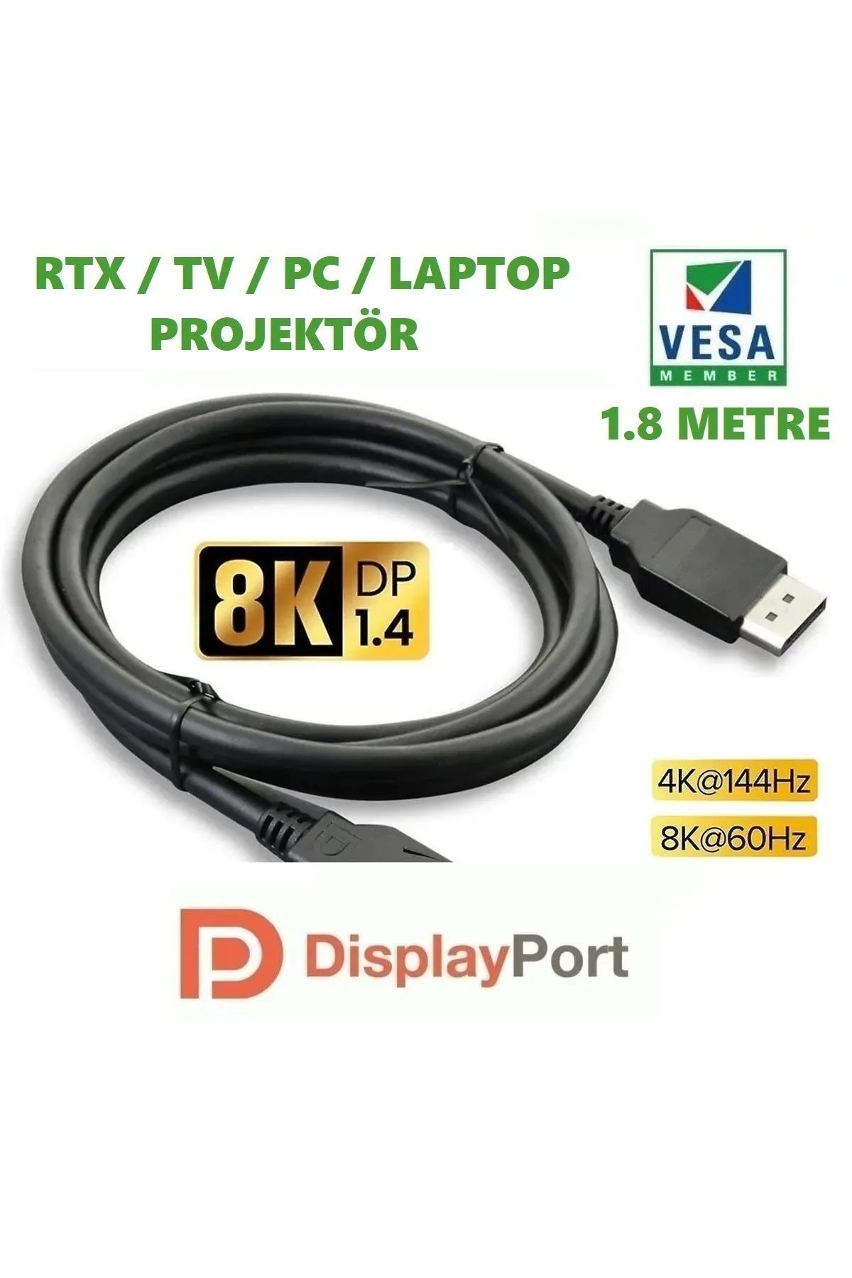 KYNC 8k Displayport Dp Kablo 1080p@ 360hz, 2k@ 240hz, 4k@ 144hz, 8k@ 60hz V1.4 Sinema \ Oyuncu