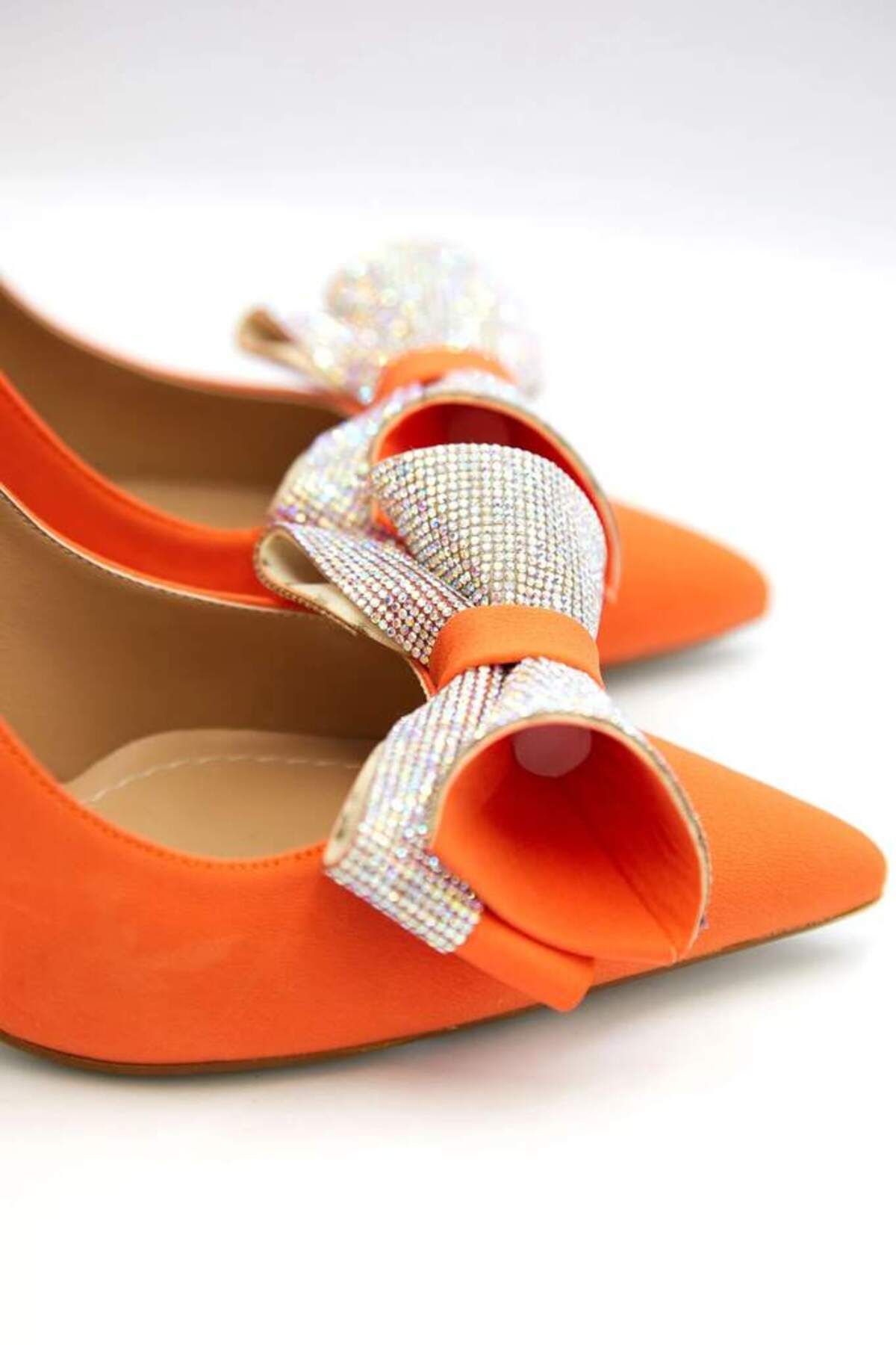 lescarpe-Orange Matte Satin Bow Stone Detailed Stiletto Heeled Evening Shoes 4