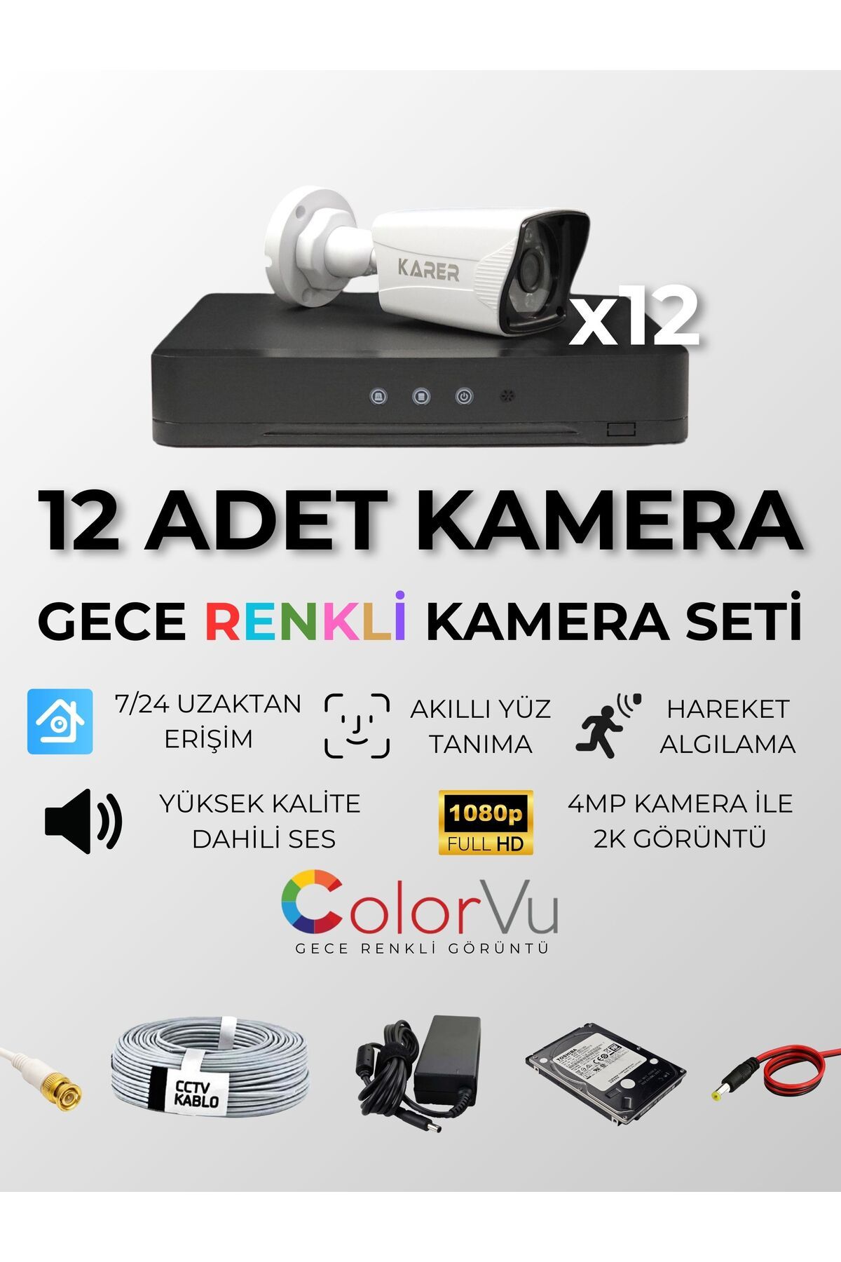 KARER 12'li Her Şey Dahil Tak Çalıştır Hazır Set - 5mp Lensli, Gece Renkli Görüş, Yüz Tanıma, Hareke