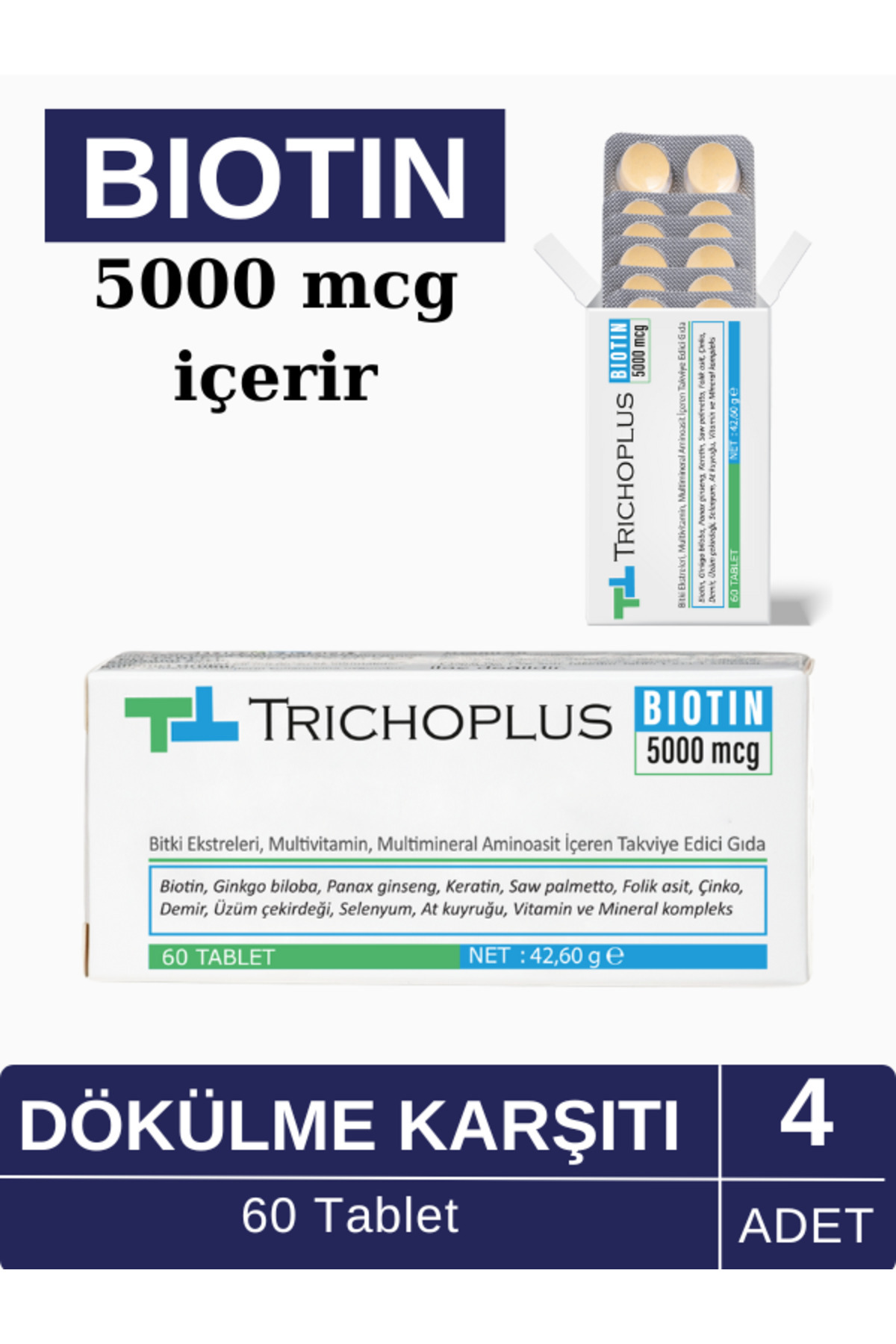 Trichoplus Saç Dökülmesine Karşı 5000 Mcg Biotin Ve Multivitamin Içeren Gıda Takviyesi 4 Lü Set