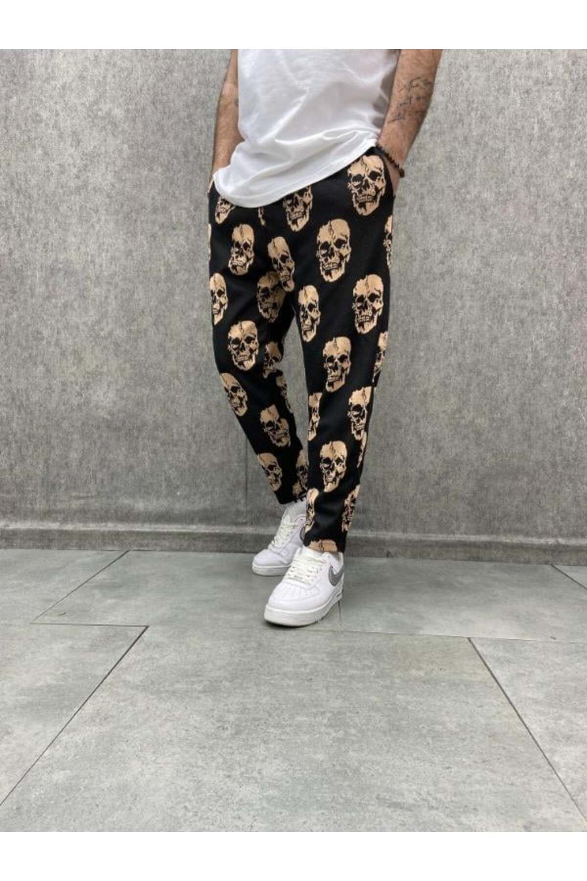 FıttingRoom Beli Lastikli Skull Desenli Siyah Baggy Pantolon