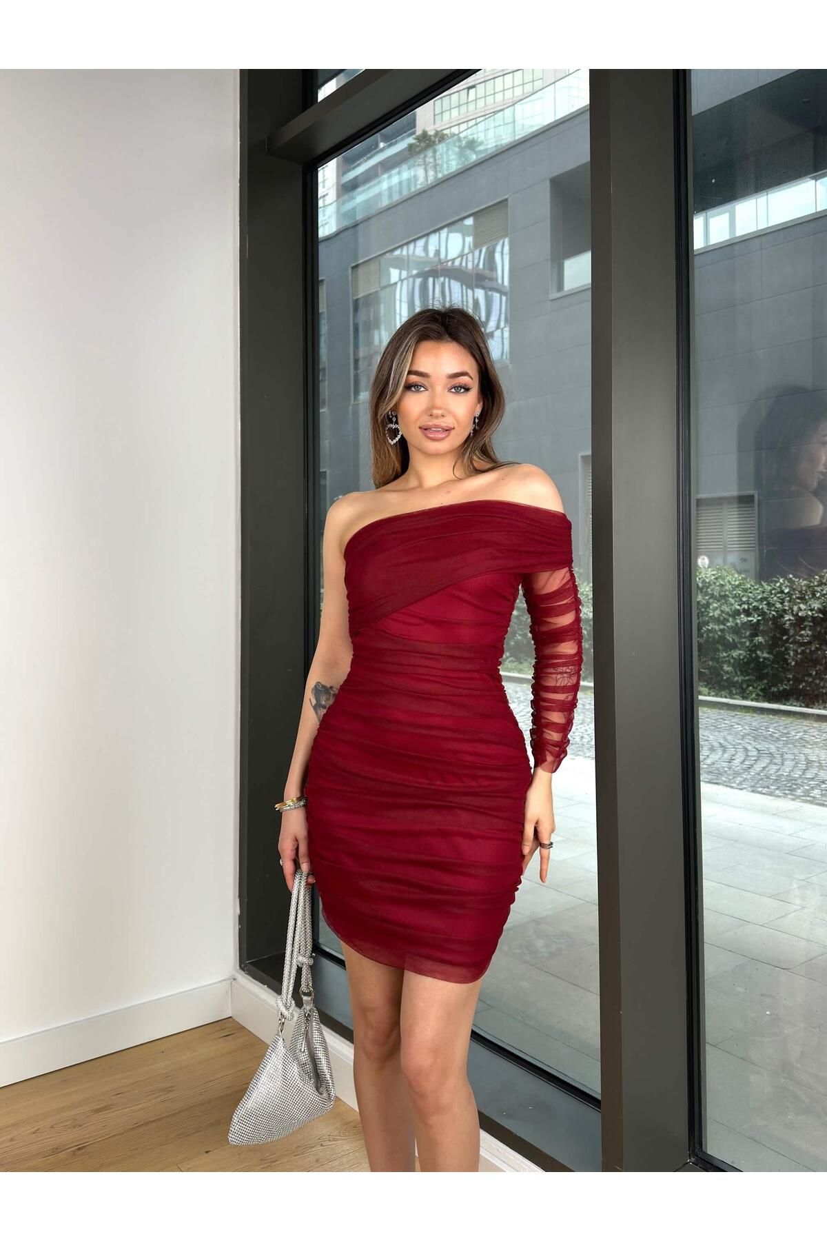 modaçelikler-Single Sleeve Drawstring Divas Burgundy Women's Mini Tulle Dress 24K370 2