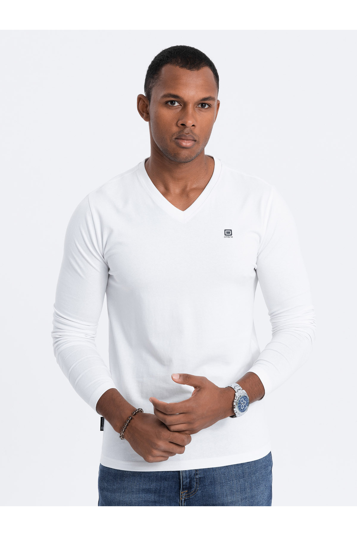 OMBRE Tricou Cu Mânecă Lungă Din Elastan Pentru Bărbați, Cu Decolteu Personalizat - Alb V1 Xl Masculin - XL