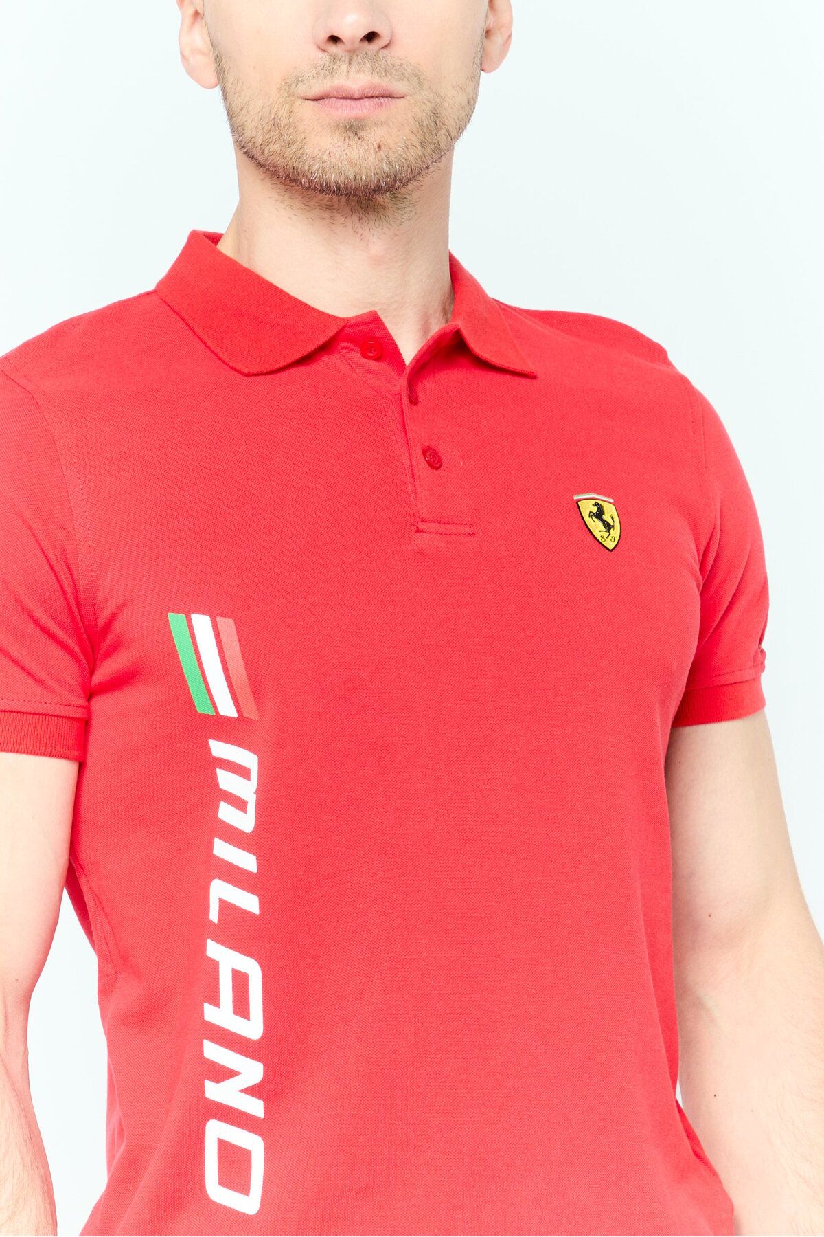 Scuderia Ferrari-Men Regular Fit Brand Logo Short Sleeves Polo Shirt, Red Combo 3