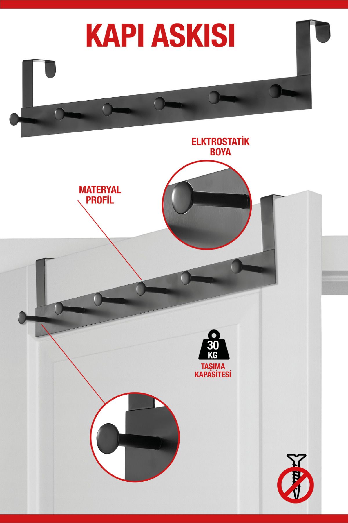 vipgross Pratik ve Şık 6'lı Metal Kapı Arkası Askısı - 30 kg Taşıma Kapasitesi, Siyah, 46.5 cm Uzunluk!