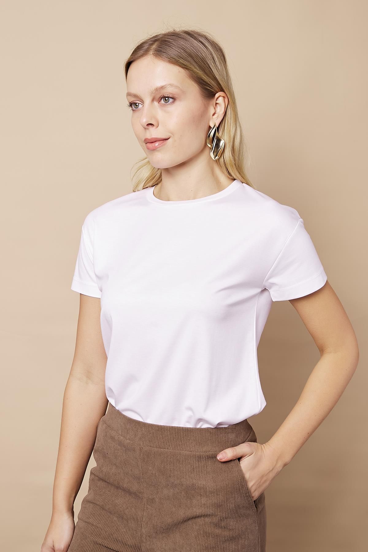 Jument-Women's Zero Neck Anti-Crease Span Blended Stylish Short Sleeve Lycra T-Shirt Blouse-White 4