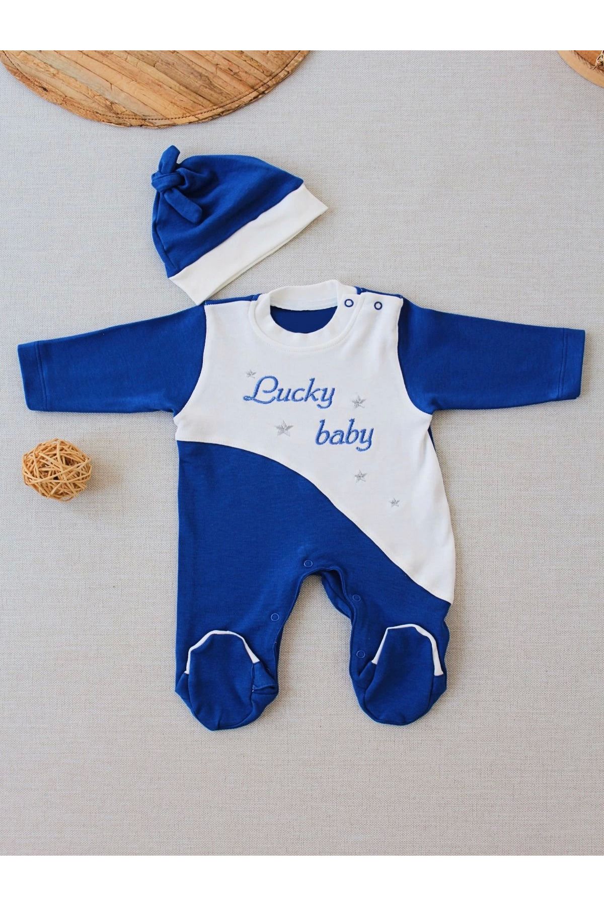 velmorafashion 0-3 3-6 Ay Lucky Baby Nakışlı Es Çizgi Boy Şapkalı Erkek Bebek Tulumu Lacivert
