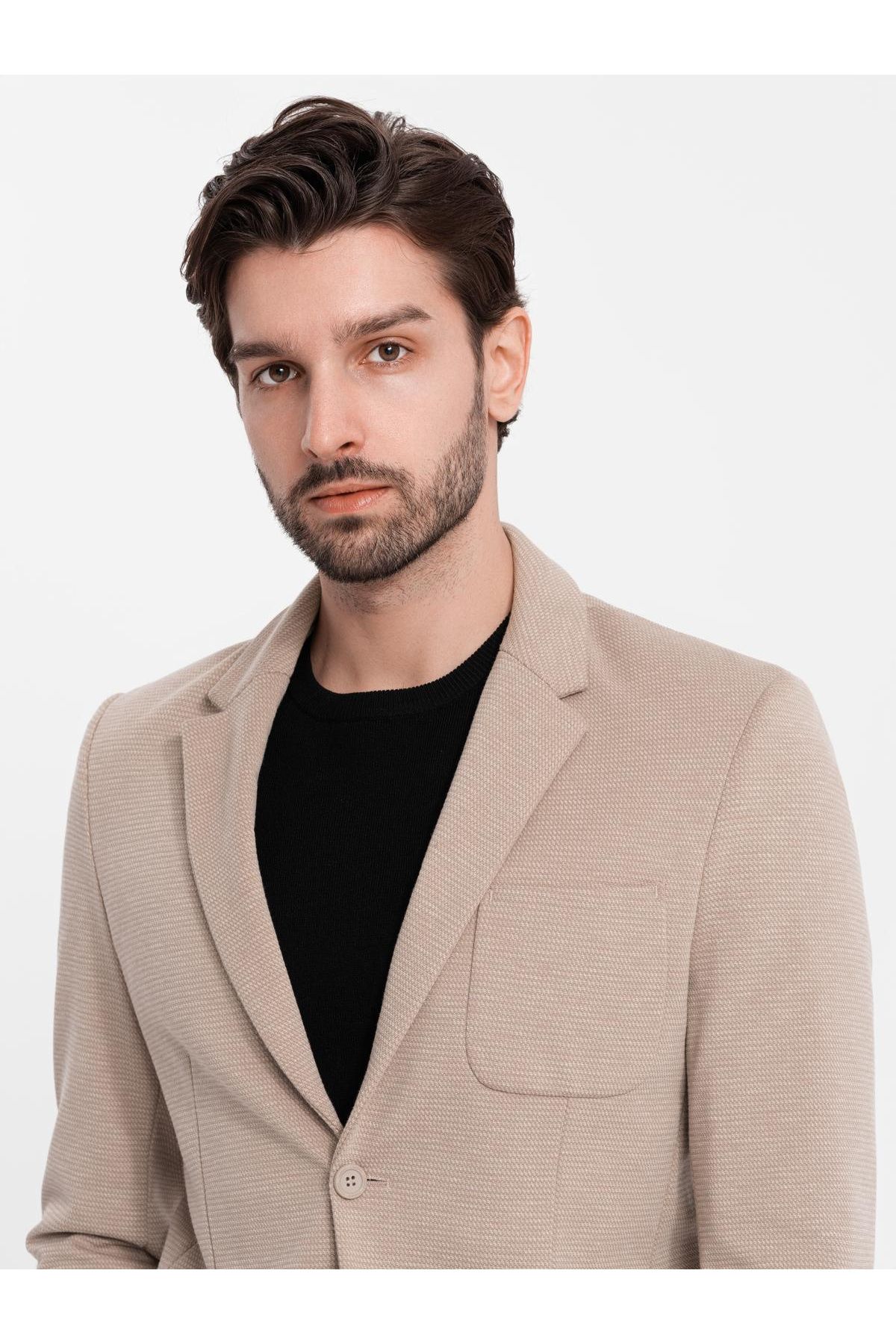 OMBRE-Eleganter taillierter Herren-Blazer aus Strukturstrick - beige V2 OM-BLZB-0129 XL 2