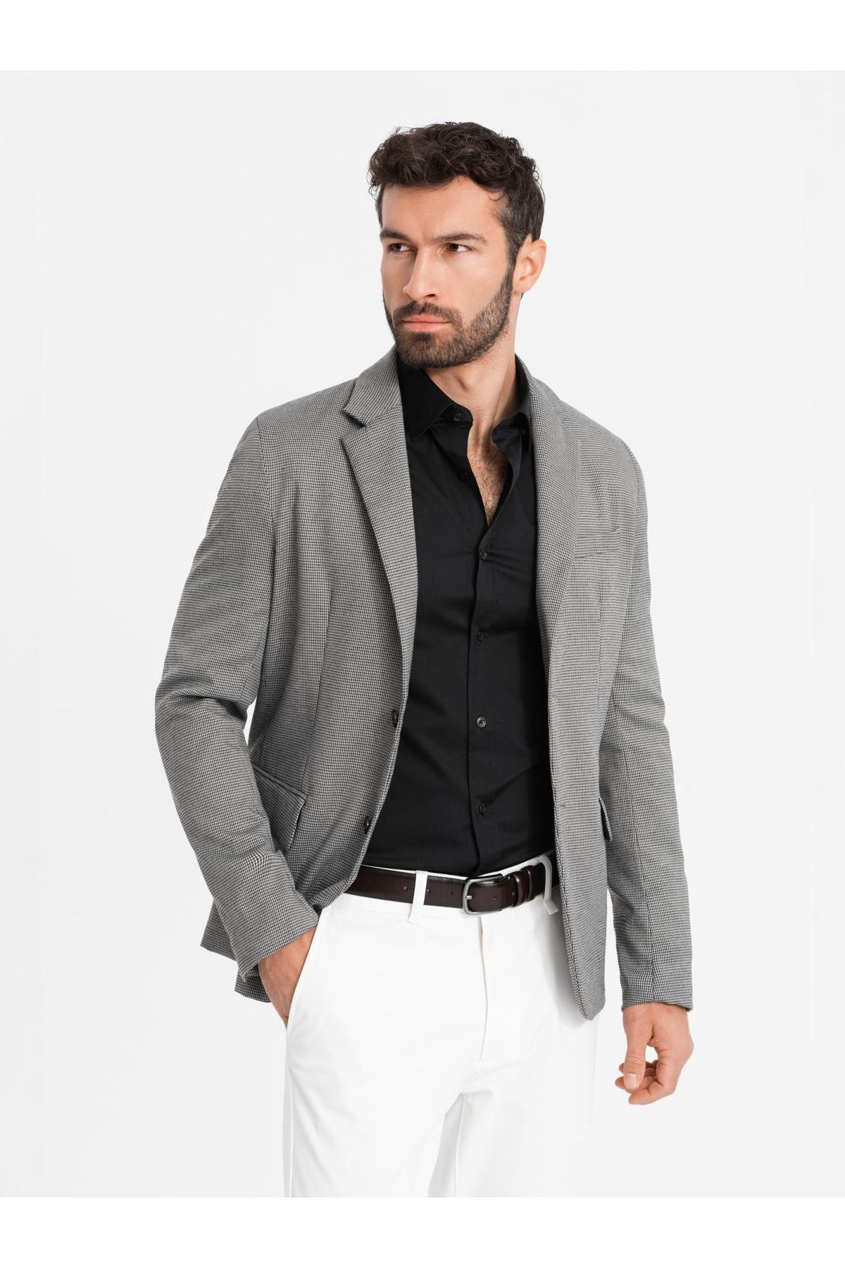OMBRE-Ανδρικό casual blazer σε λεπτή καρό - γκρι V2 OM-BLZB-0116 XXL 8