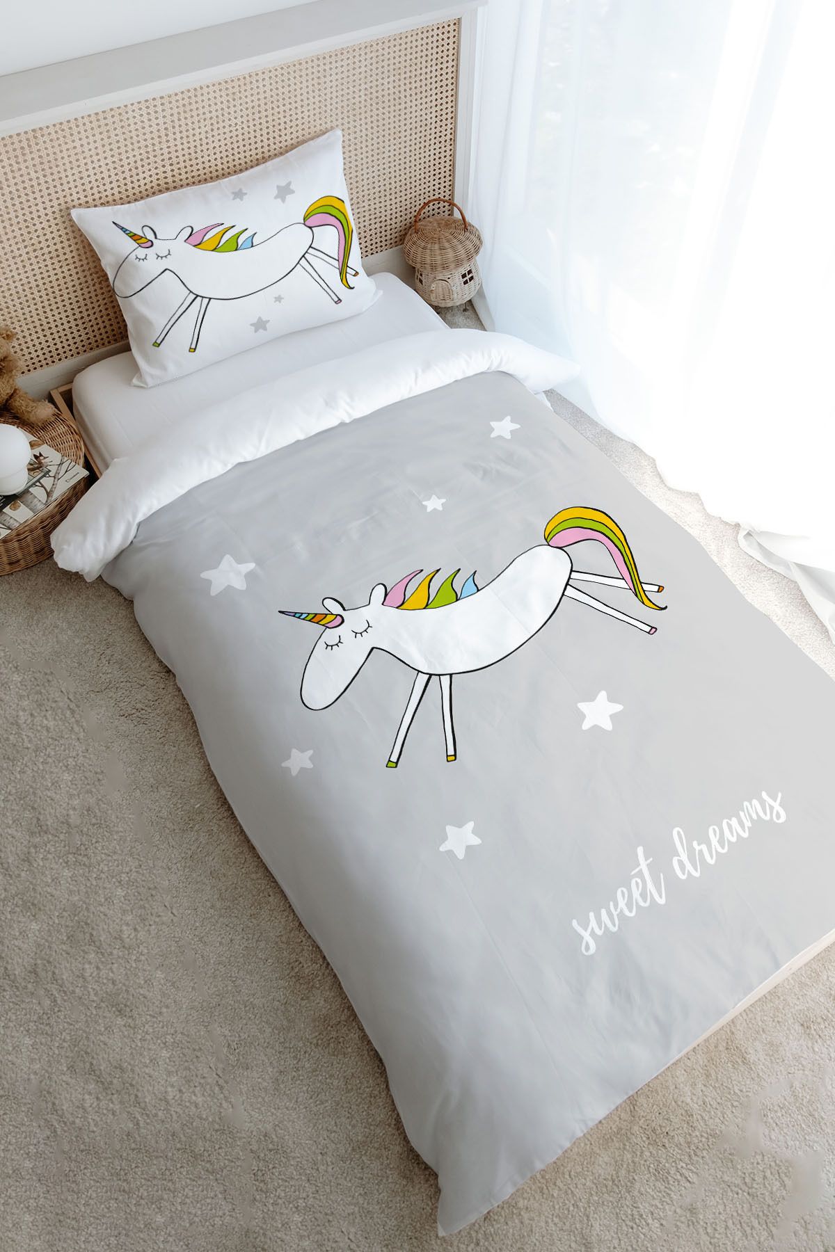 Tuğba Kuğu Tek Kişilik Nevresim Takımı (100x200) - Pure Baby Serisi - Doodle Unicorn