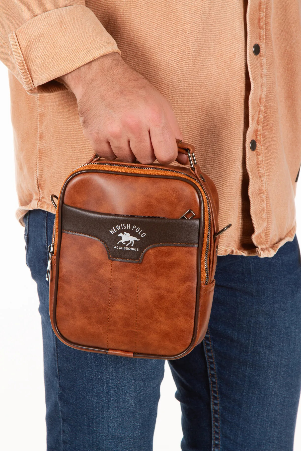 Newish Polo-Men's Black Vegan Leather Adjustable Cross Strap Hand and Shoulder Bag Daily 6