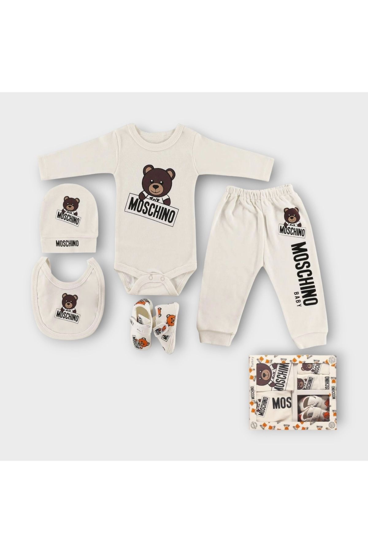 Woops Baby Marka Moşino Desen Beşli Set Unisex 0-6 Ay