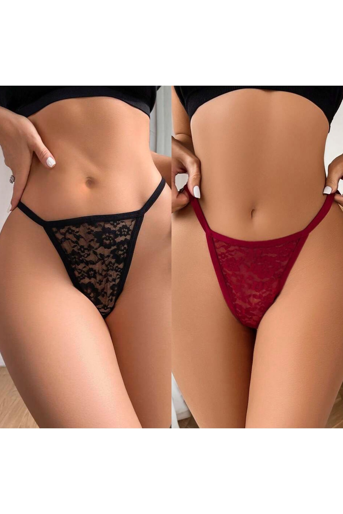 Maly Love Kadın 2li Paket Siyah ve Bordo Dantel Kalp Detaylı Tanga String İç Giyim görsel 2