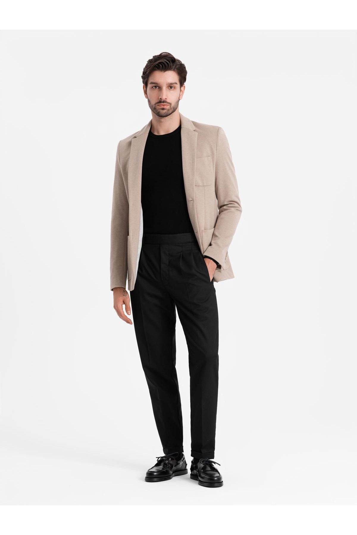 OMBRE-Blazer elegant din tricot structurat pentru bărbați - bej V2 OM-BLZB-0129 M 3