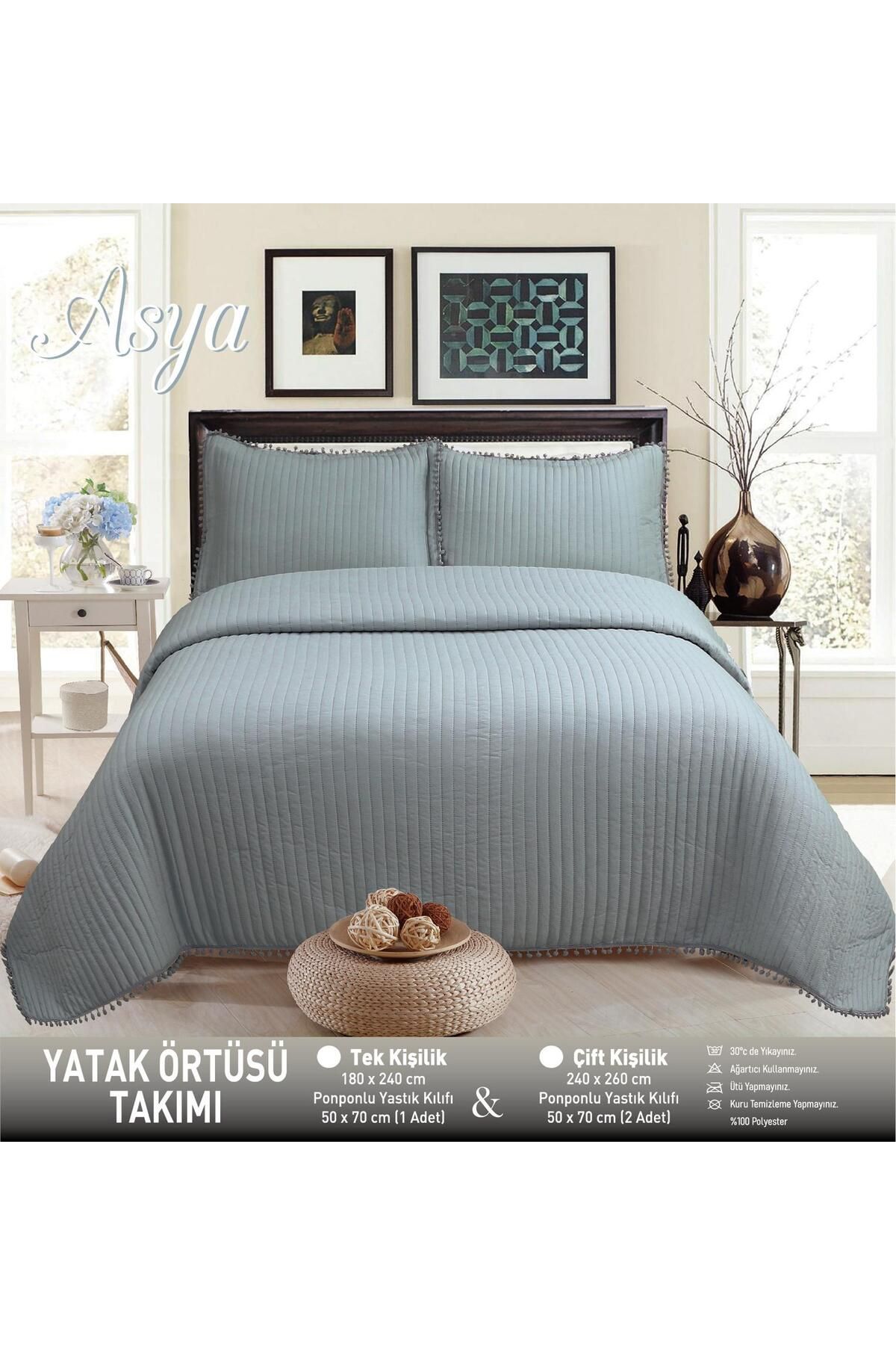 Özlü Home Asya Ponponlu -  Elyaf Dolgulu Kırışmaya Dayanıklı Tek Kişilik  180x240 Yatak Örtüsü.