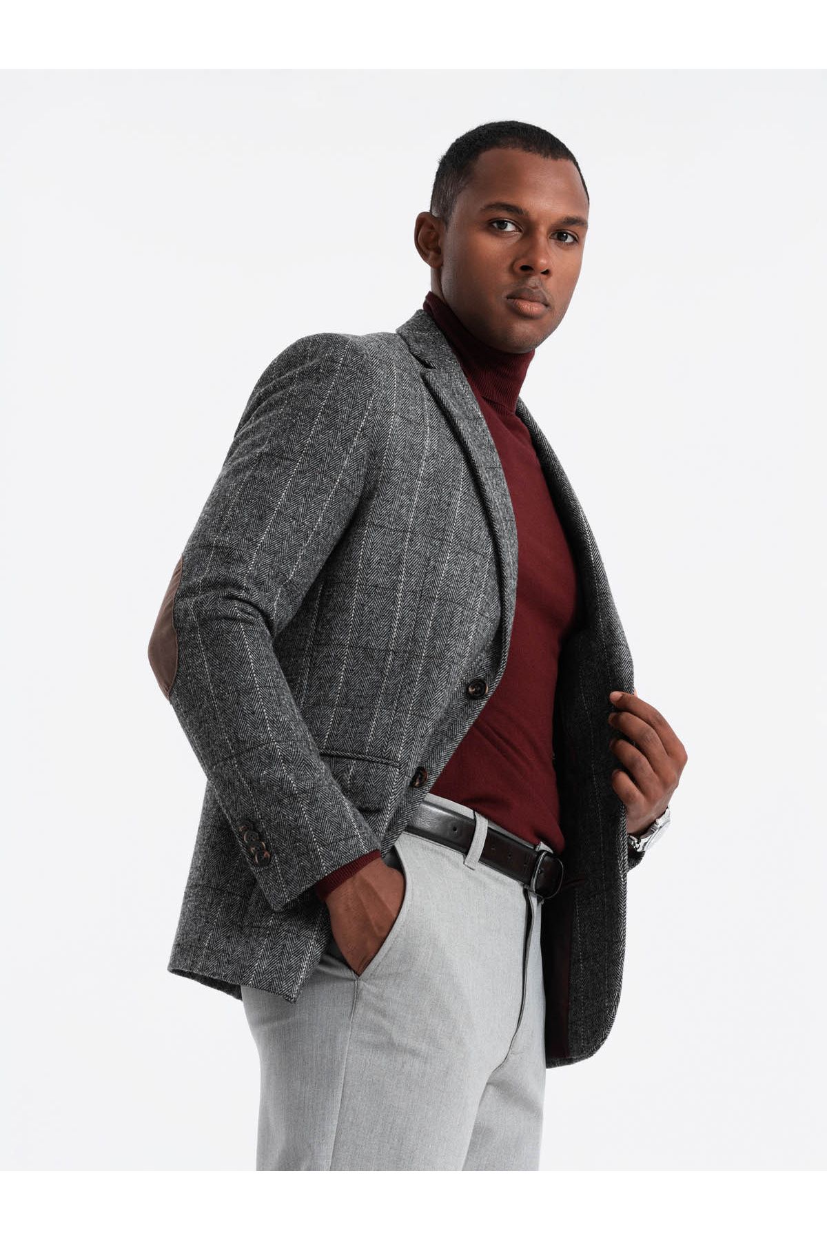 OMBRE-Eleganter Herren Karo Blazer mit Wollmischung - grau V1 OM-BLZB-0137 XL 1
