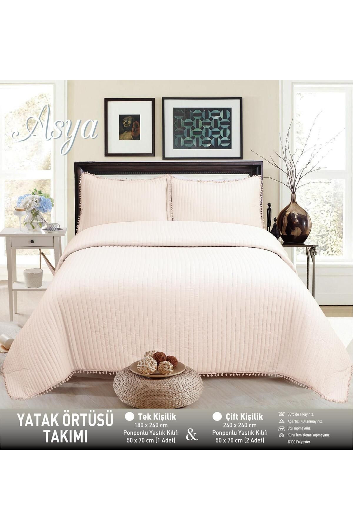 Özlü Home Asya Ponponlu -  Elyaf Dolgulu Kırışmaya Dayanıklı Tek Kişilik  180x240 Yatak Örtüsü.