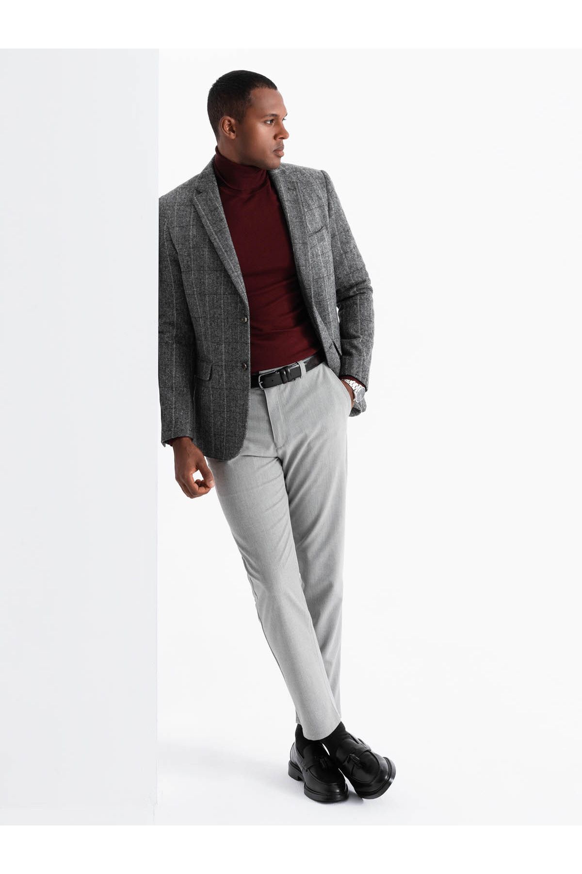 OMBRE-Eleganter Herren Karo Blazer mit Wollmischung - grau V1 OM-BLZB-0137 XL 6