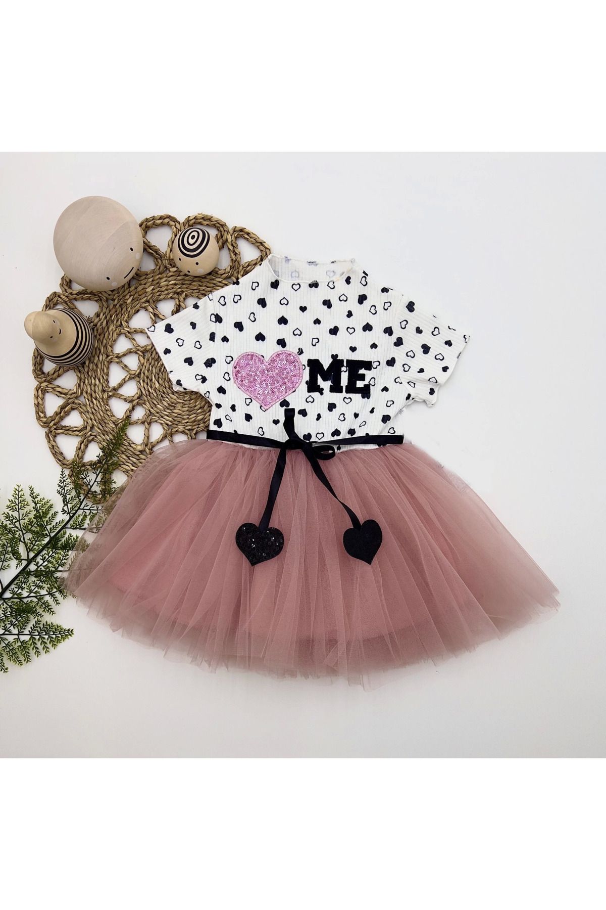 velmorafashion 1-2-3 Yaş Payetli Kalp Me Baskılı Kız Bebek Elbisesi Gül Kurusu
