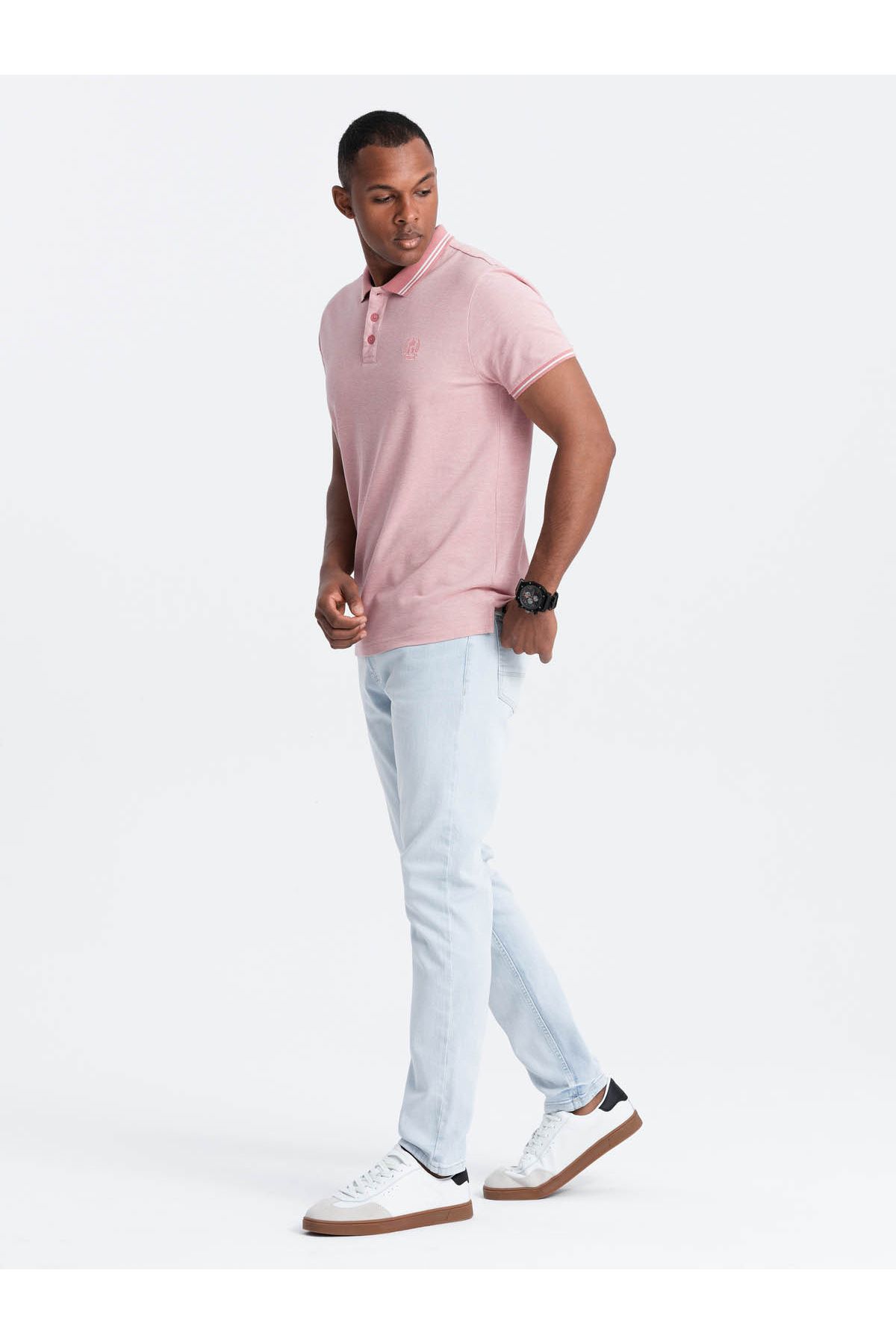 OMBRE-Melange men's polo shirt with striped collar - pink V2 OM-POSS-0109 M 4