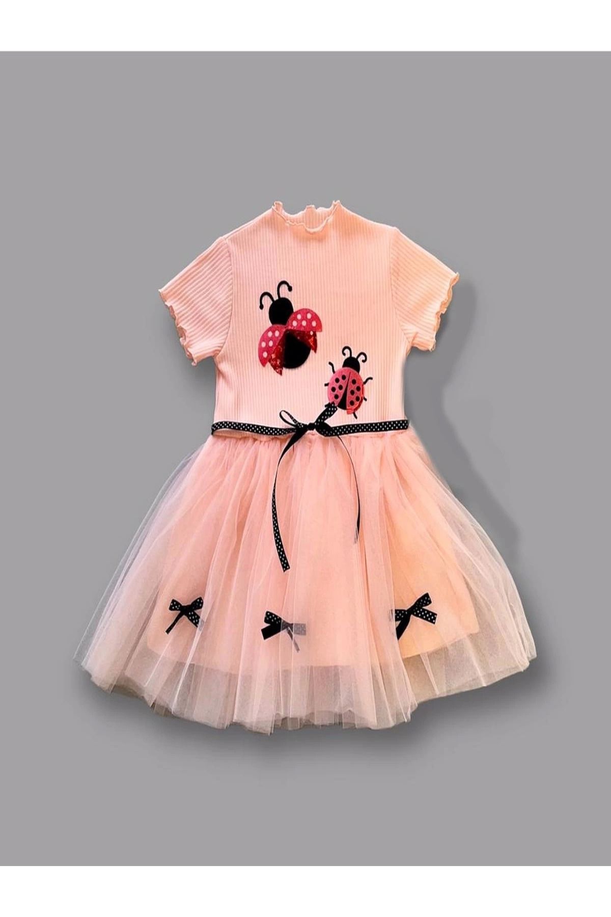 velmorafashion 1-2-3 Yaş Uğur Böceği Nakışlı Kurdela Kuşak Kız Çocuk Elbisesi Somon