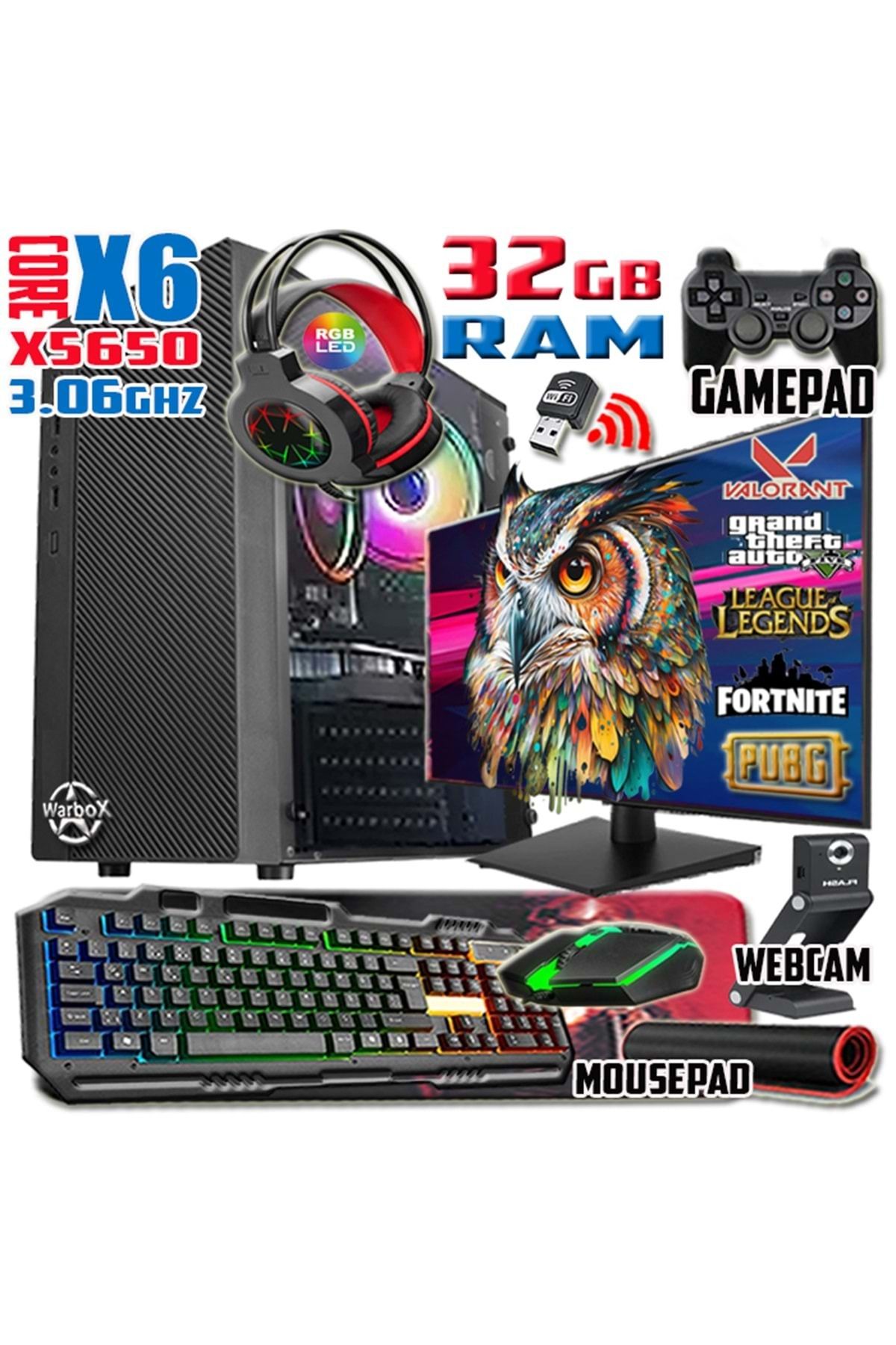 WARBOX Owl Xeon X5650 32gb Ram 256gb Ssd 250gb Hdd R7 240-4gb E.kartı 19" Monitör Gaming Bilgisayar