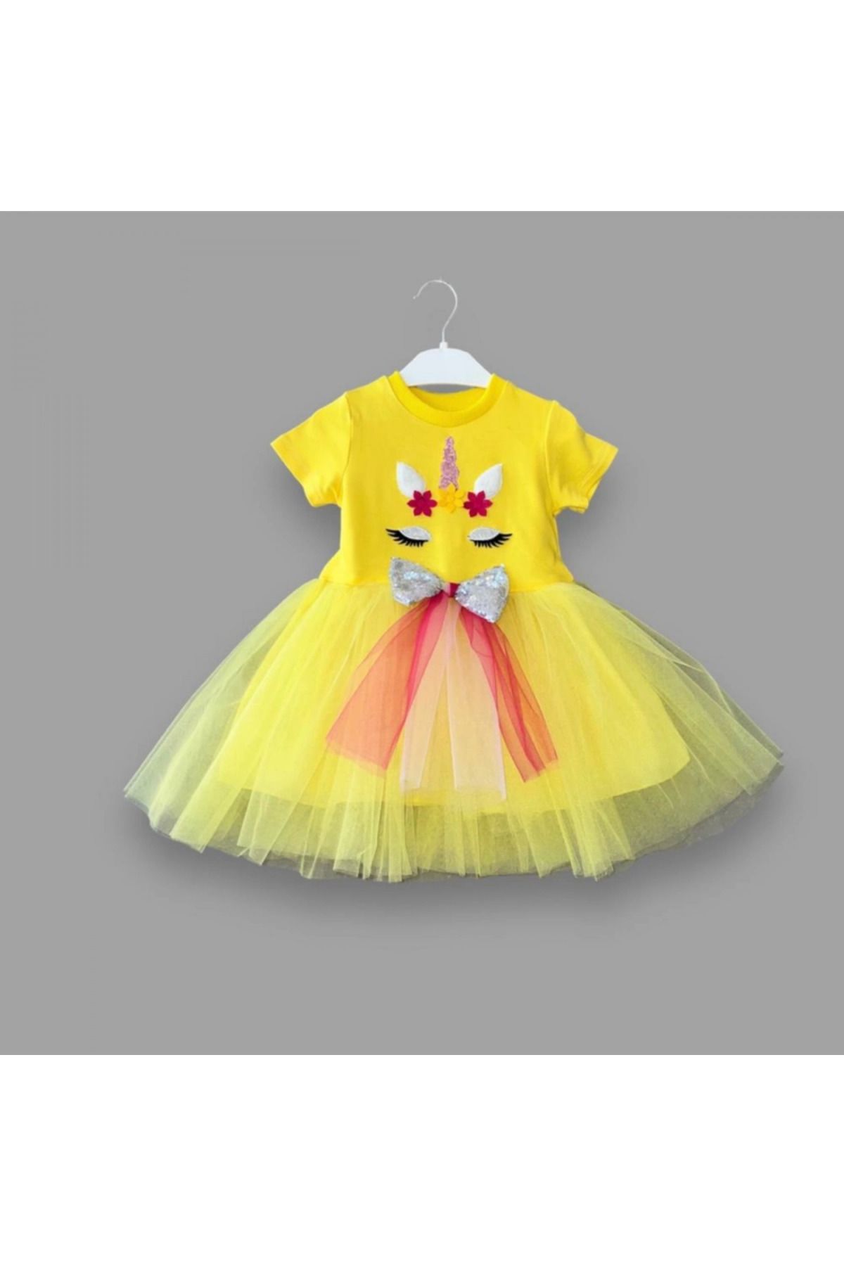 velmorafashion 1-2-3 Yaş Gökkuşağı Kuyruklu Payet Pony Nakışlı Kız Bebek Tütü Elbisesi Sarı