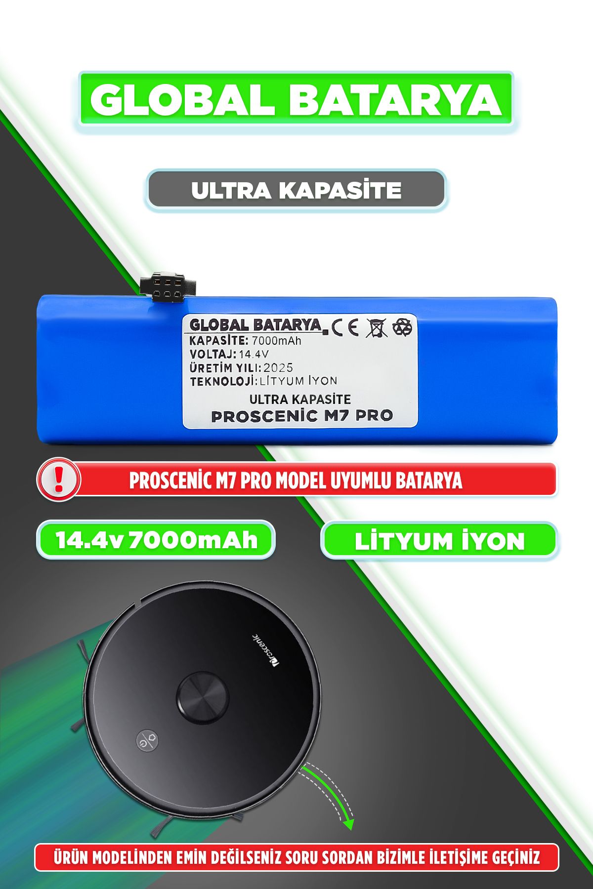 GLOBAL BATARYA Proscenic M7 Pro Uyumlu Akıllı Robot Süpürge Bataryası 14.4V 7000mAh Li-ion Pil (Ultra Kapasite)