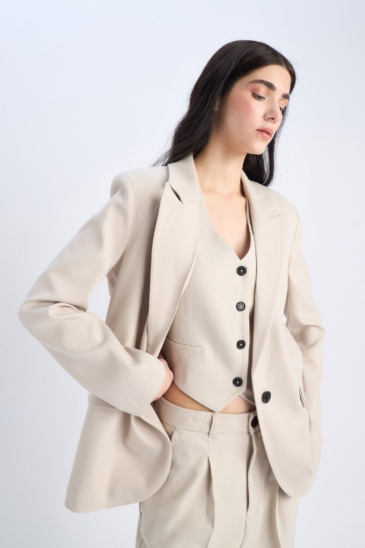 DeFacto-Oversize Wide Fit Button Basic Plain Blazer Jacket B0490Ax25Sp 4