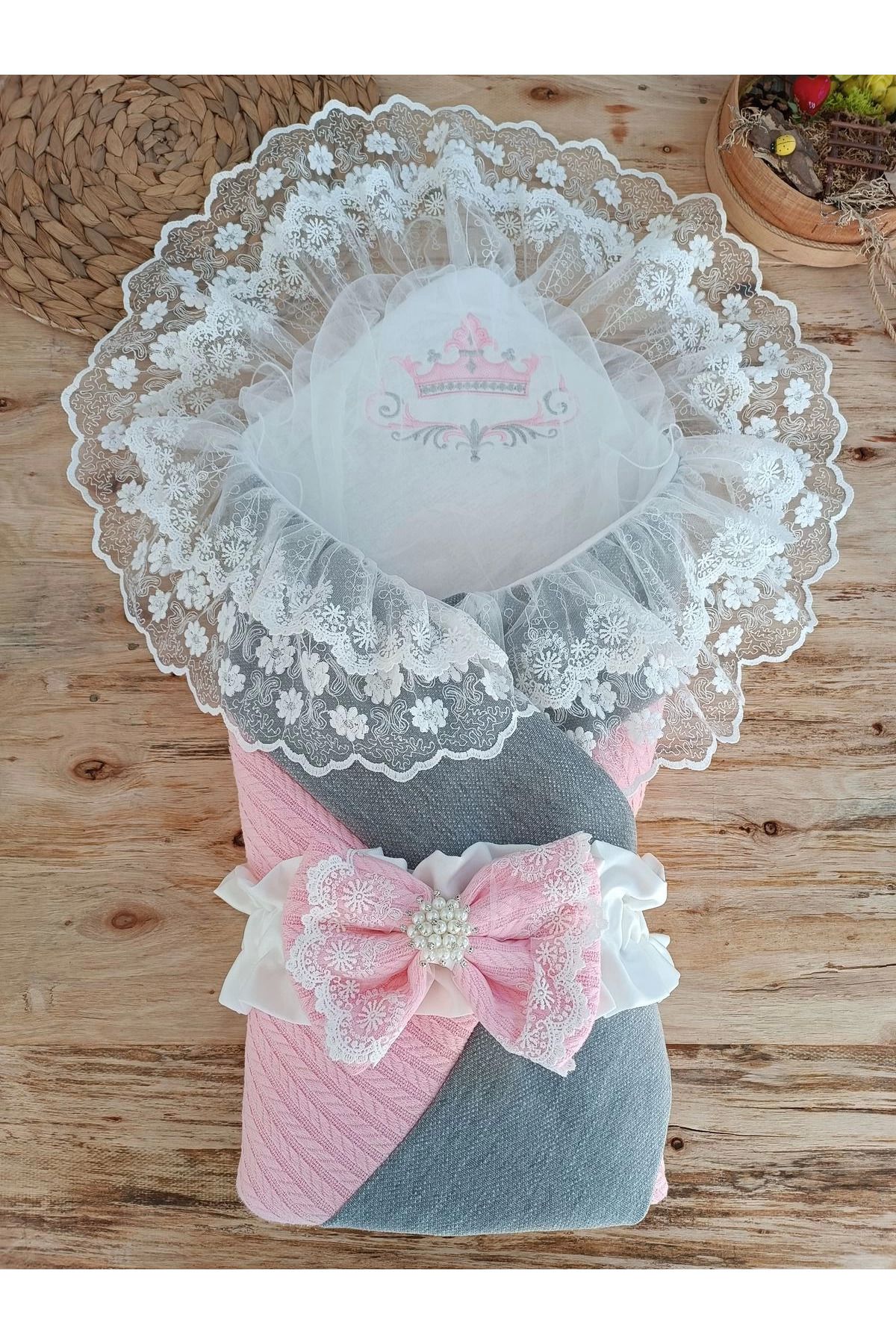 Ecenaz Yenidoğan Teri Cotton Taç Nakışlı Prizma Taş Kundak Bebek Battaniyesi Pembe