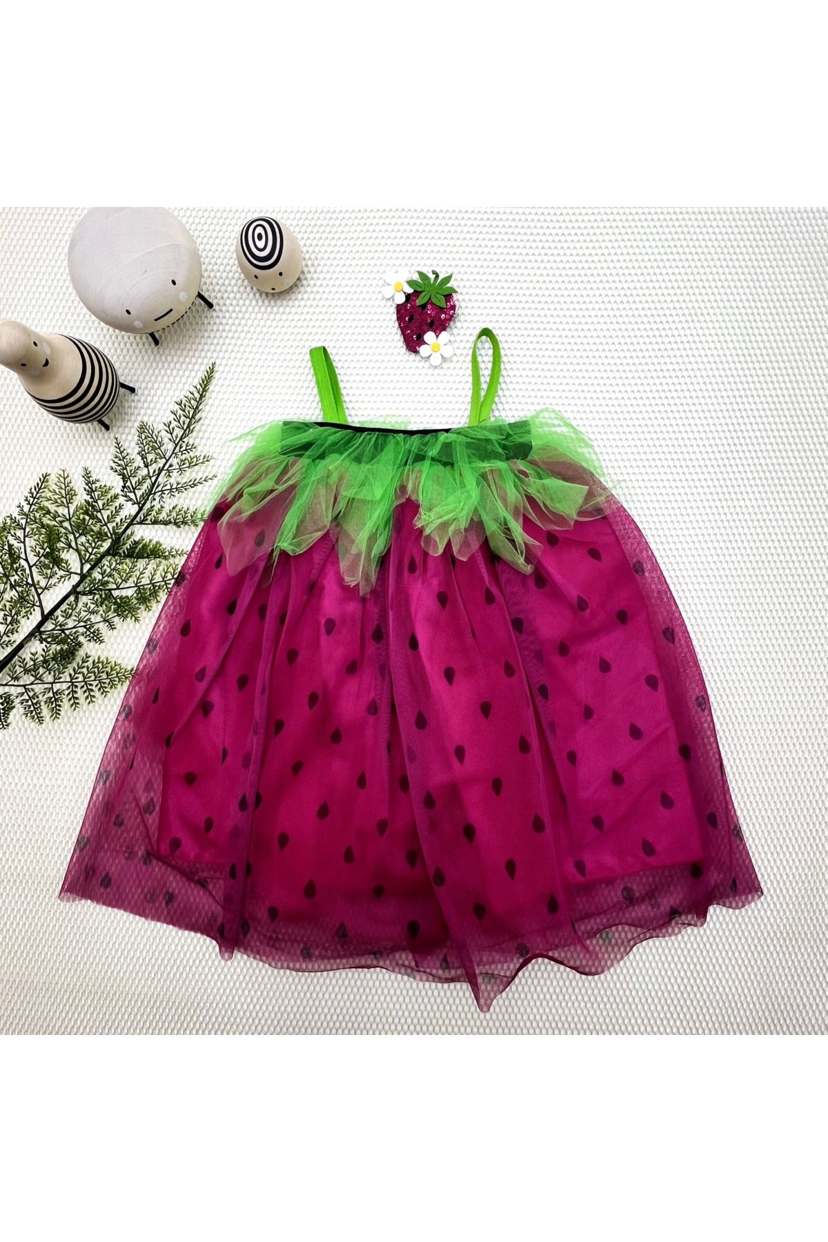 velmorafashion 2-3-4 Yaş Askılı Çilek Kostüm Kız Çocuk Elbise Fuşya