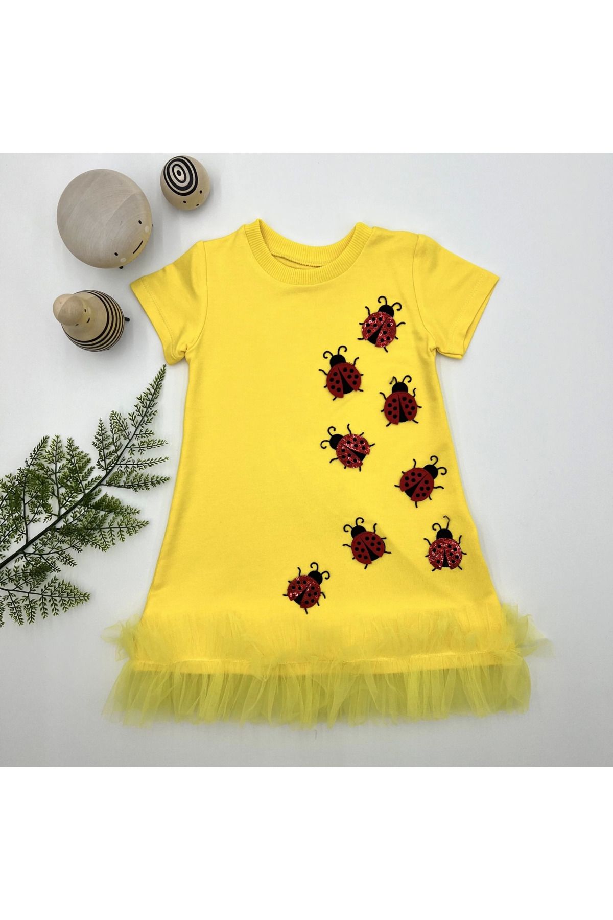 velmorafashion 1-2-3 Yaş Uğur Böceği Nakışlı Fırfır Uçlu Kız Çocuk Jile Elbisesi Sarı