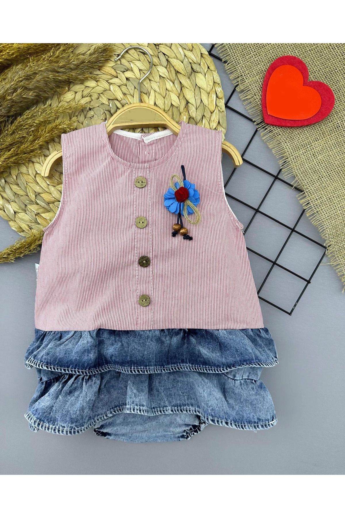 velmorafashion 6-9-12-18 Ay Gül Rozet Detaylı Kot Kilotlu Etek Kız Bebek Elbisesi Gül Kurusu