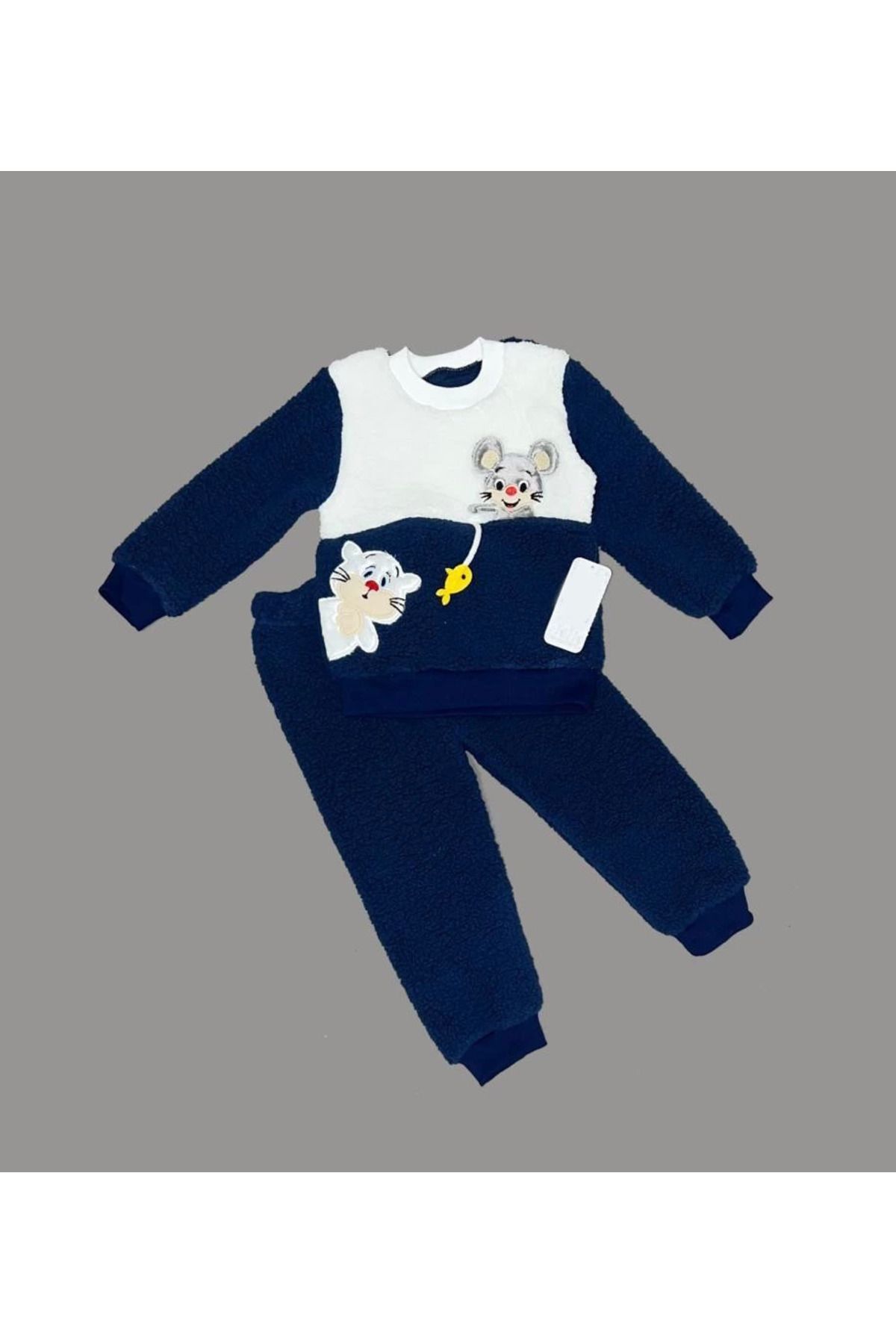 Ecenaz 1-2-3 Yaş Sallanan Balık Nakışlı Kuzu Kumaş Sweat Pantolon Uzun Kollu Kız Erkek 2 Li Takımı Lacivert