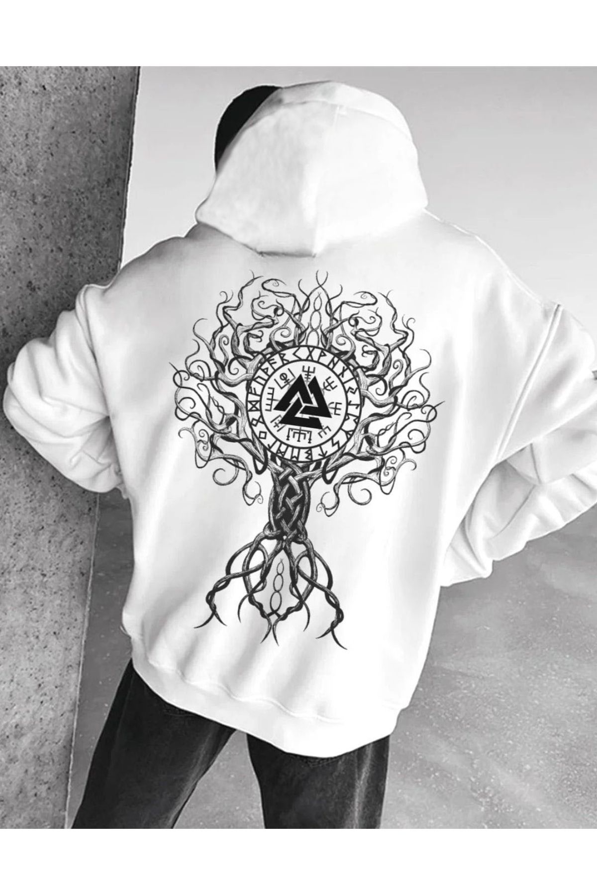 GIANTSTORE Beyaz Ücgen Ağaç Basklı Kapüşonlu Oversize Sweatshirt Erkek