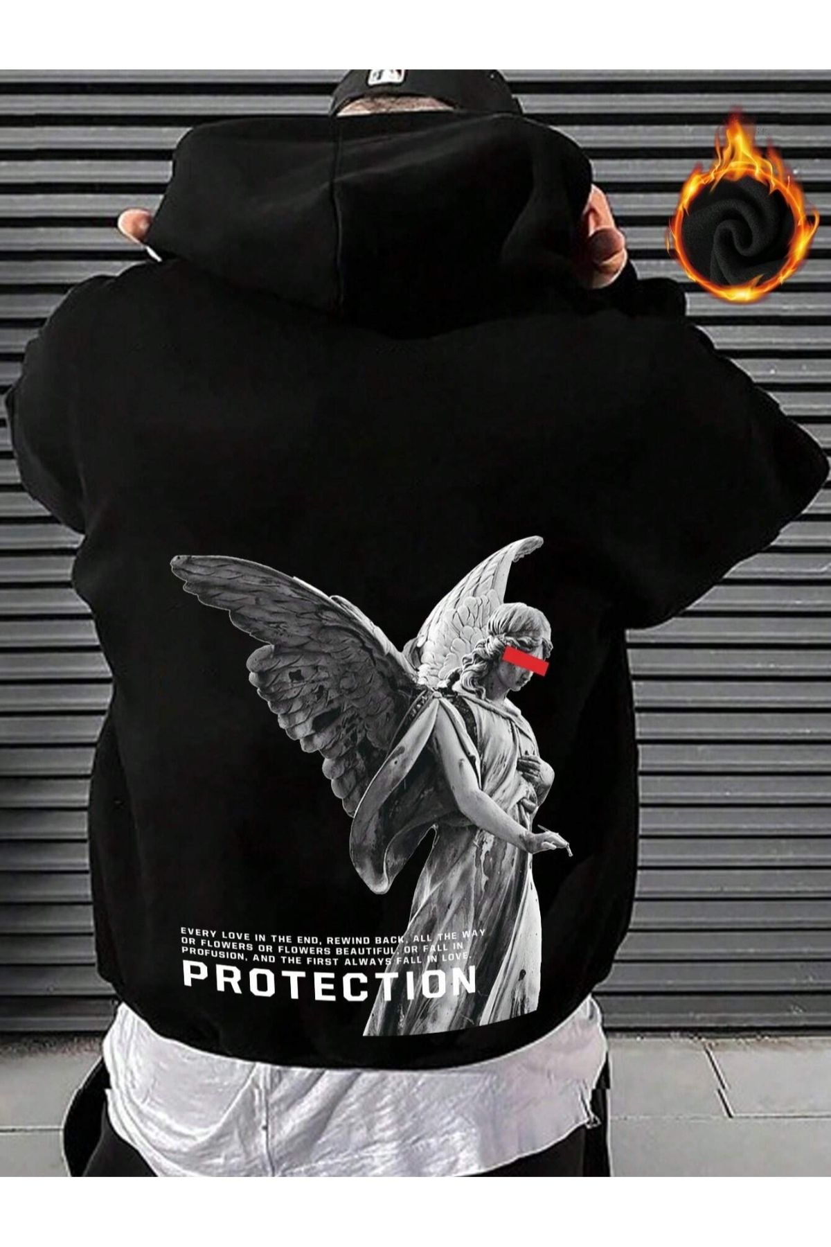 GIANTSTORE Siyah Protect Melek Baskılı Kapüşonlu Oversize Sweatshirt Unisex