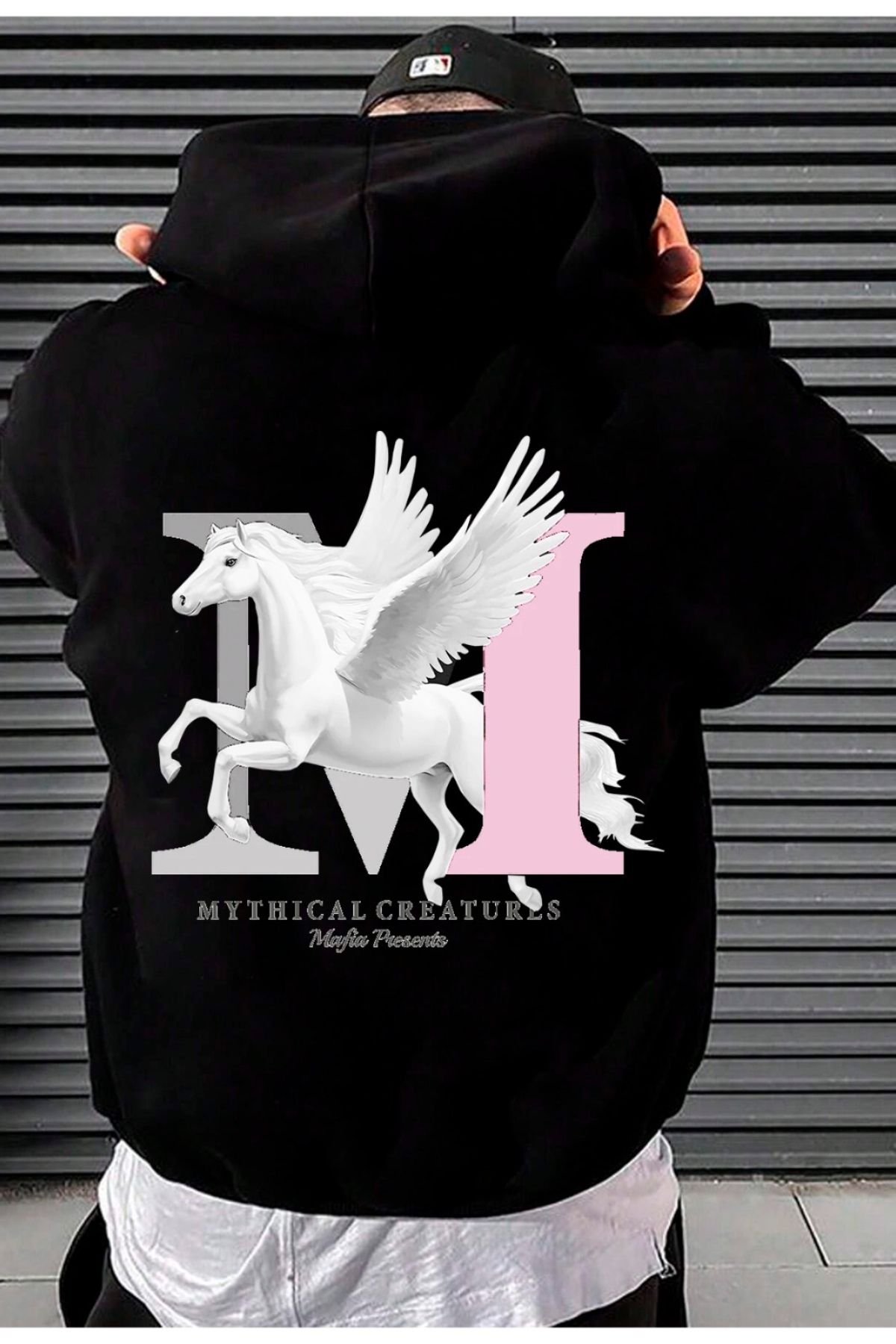 GIANTSTORE Siyah Mythical Baskılı Kapüşonlu Oversize Sweatshirt Unisex