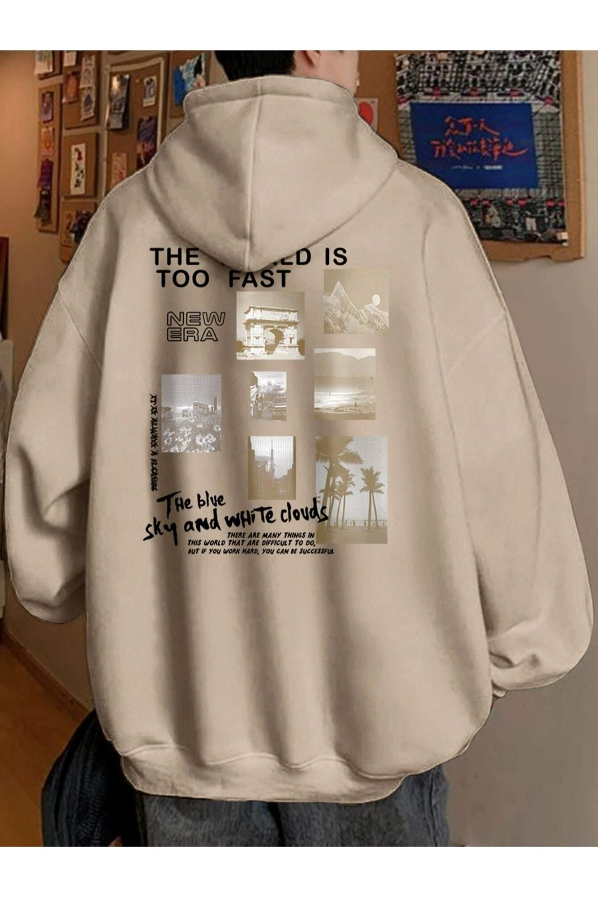GIANTSTORE Bej The Blue Sky Baskılı Oversize Kapüşonlu Erkek Sweatshirt