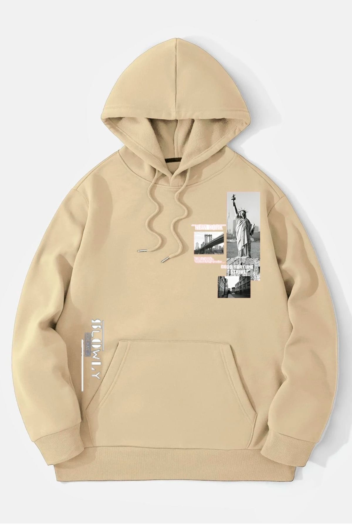 GIANTSTORE Bej Özgürlük Heykeli Baskılı Oversize Kapuşonlu Erkek Sweatshirt.
