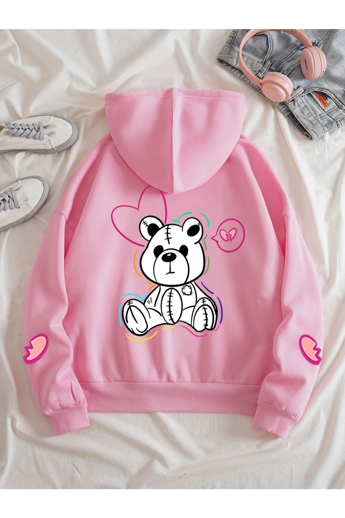 GIANTSTORE Pembe Üzgün Ayı Baskılı Oversize Kapüşonlu Unisex Sweatshirt