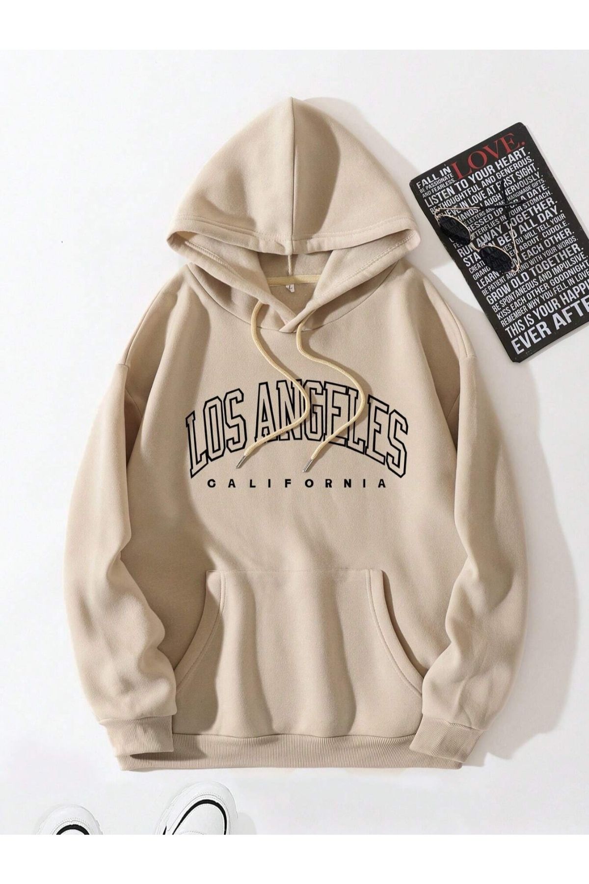 GIANTSTORE Bej LA California Baskılı Oversize Kapüşonlu Erkek Sweatshirt