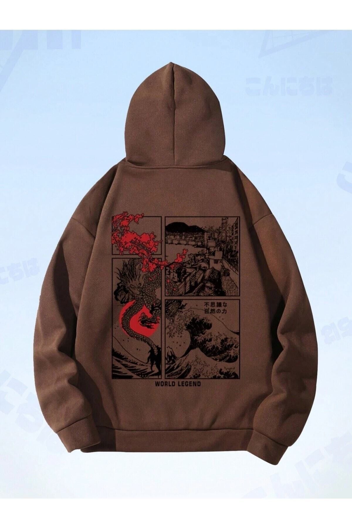 GIANTSTORE Kahverengi World Legend Baskılı Oversize Kapüşonlu Erkek Sweatshirt