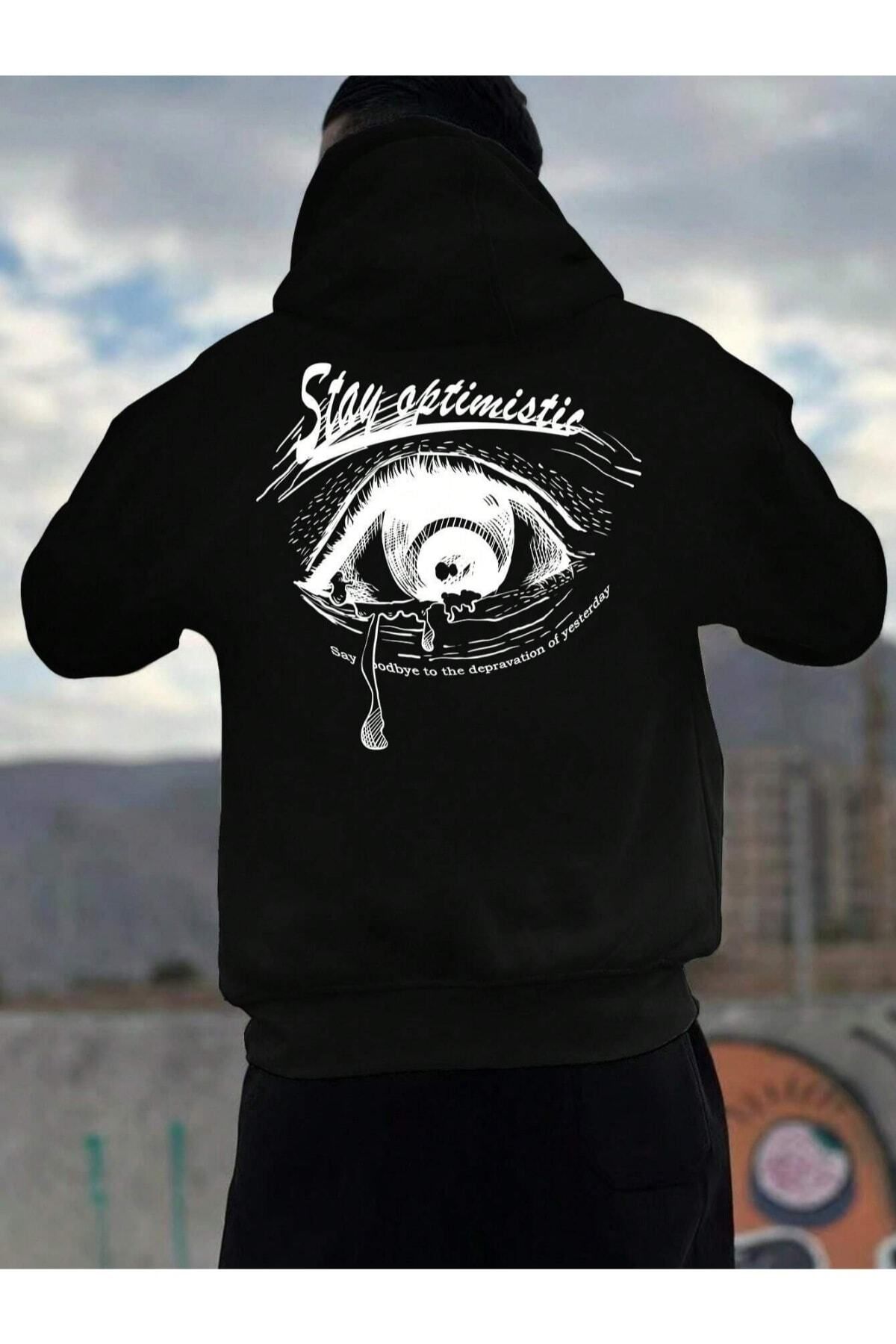 GIANTSTORE Siyah Stay Optimistic Baskılı Oversize Kapüşonlu Erkek Sweatshirt