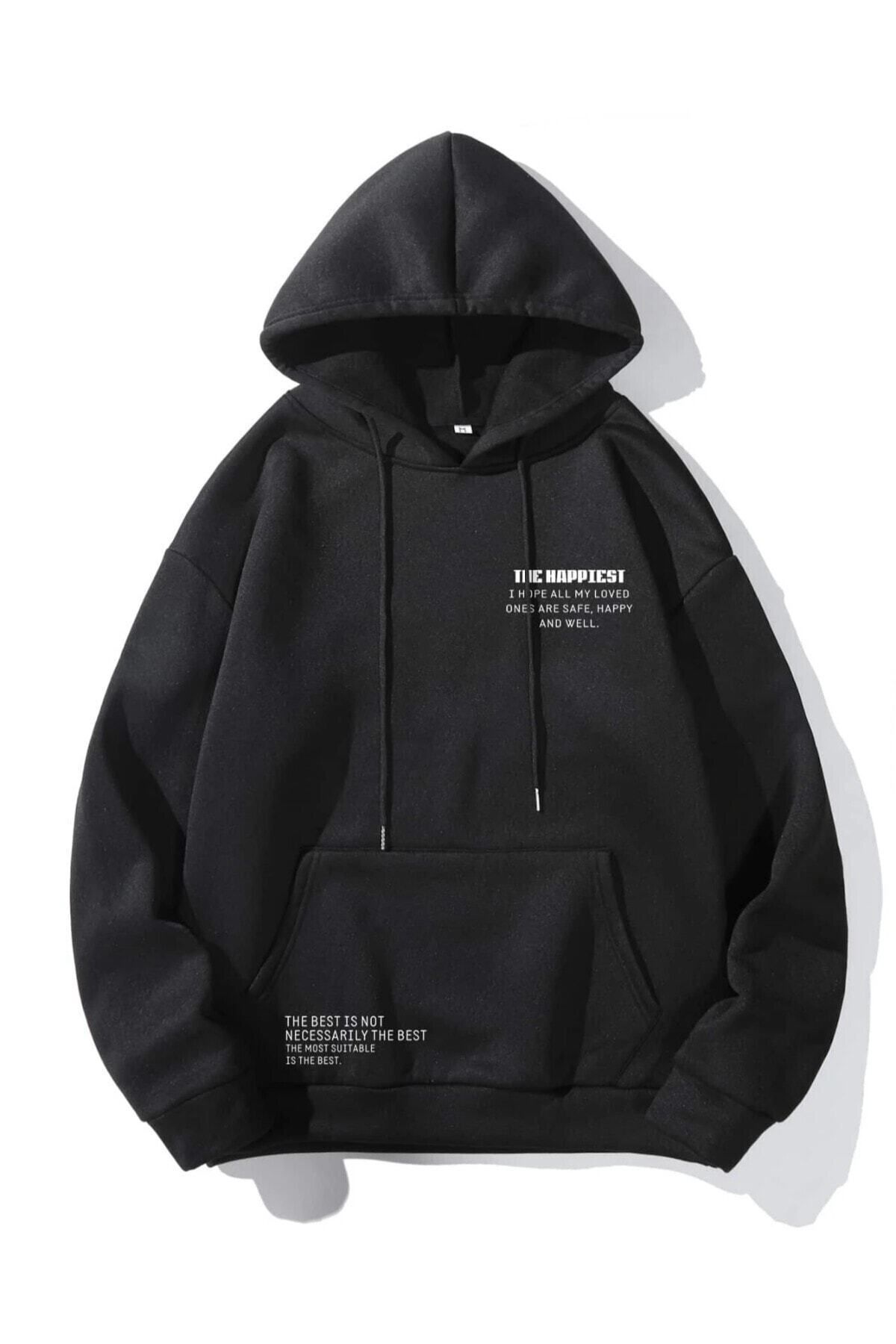 GIANTSTORE Siyah The Hapiest Baskılı Oversize Kapüşonlu Erkek Sweatshirt